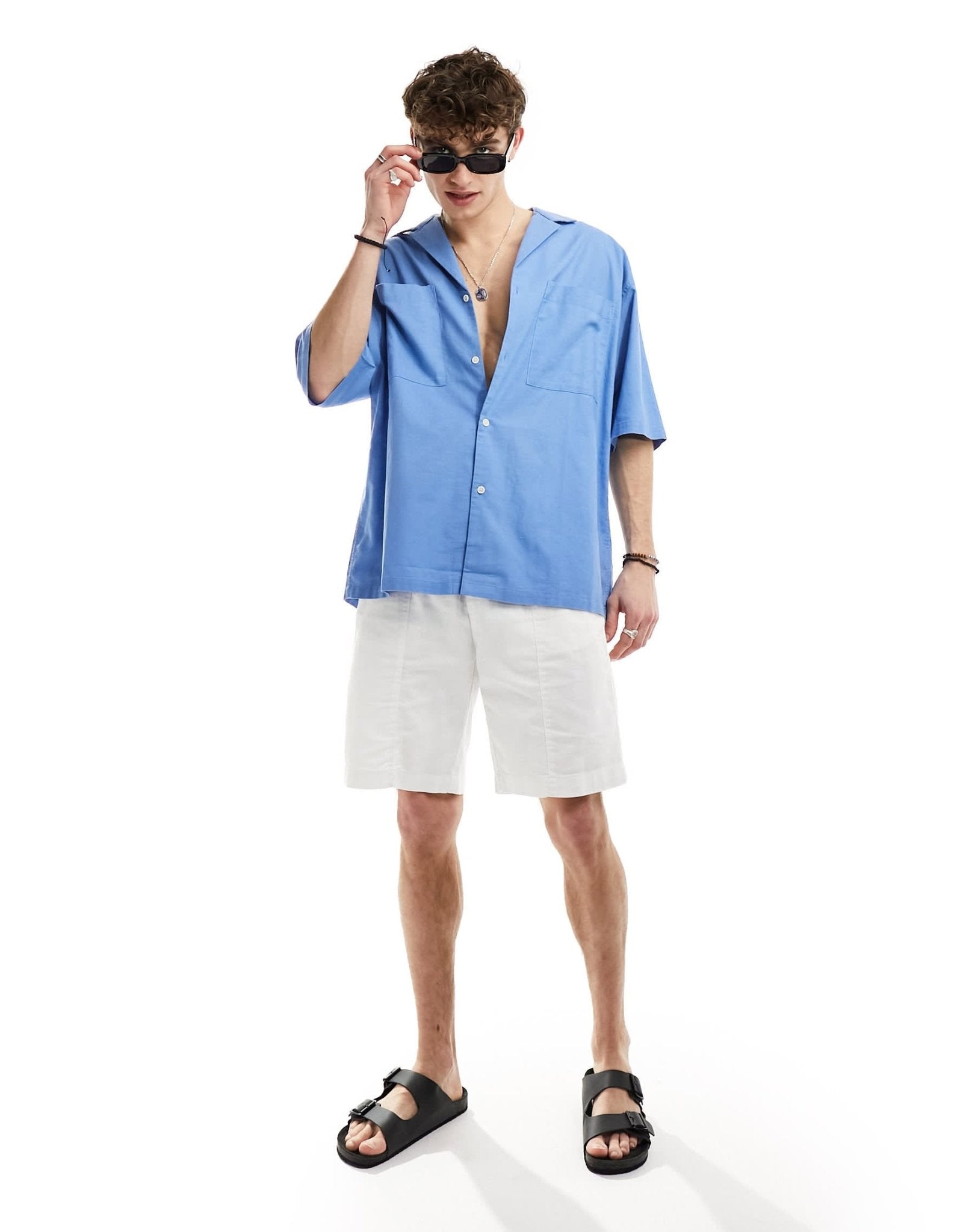 ASOS DESIGN 90s oversized shirt with deep revere collar in blue - ASOS Sample Sale EU Store