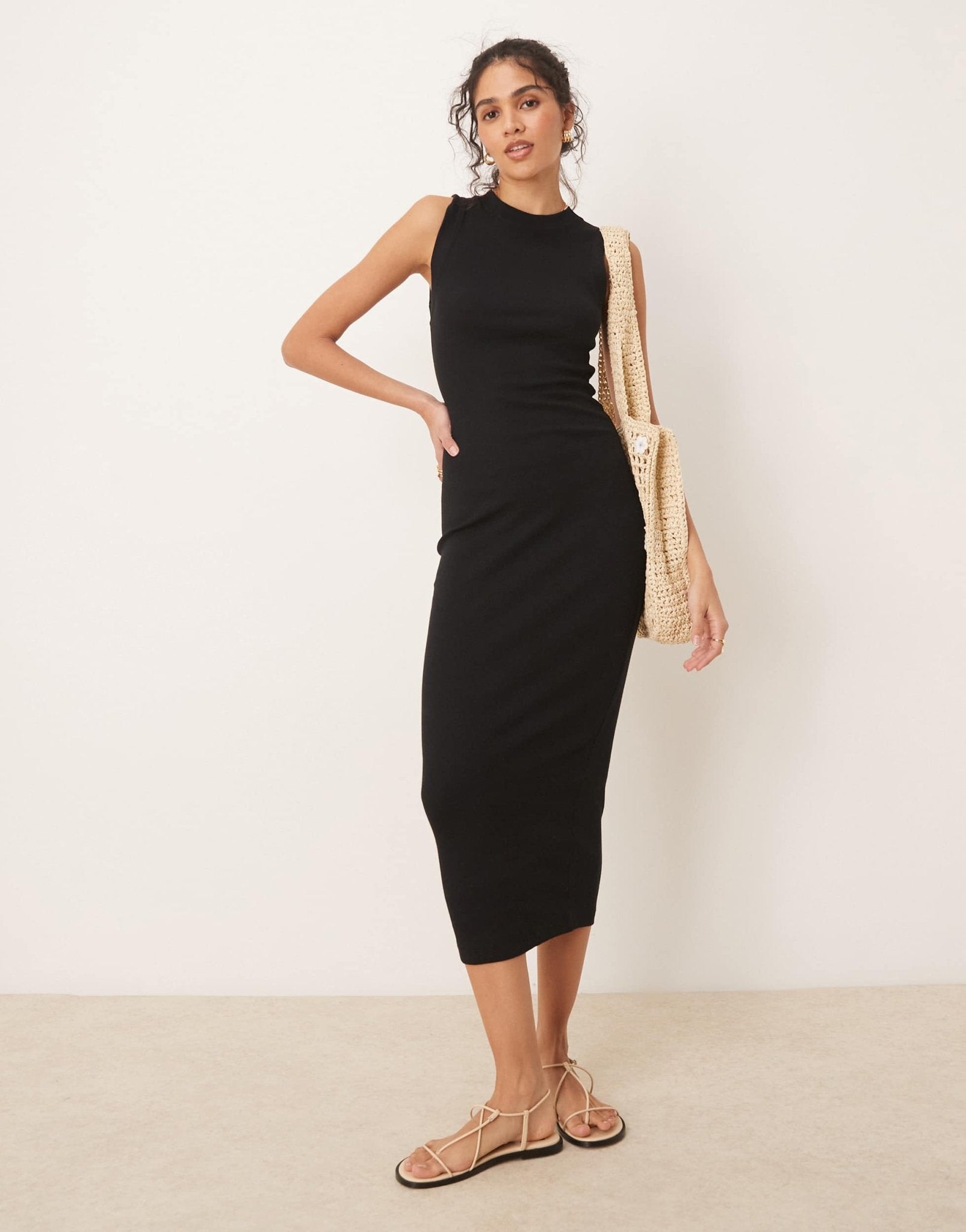 ASOS DESIGN 90s ribbed built up midi tank dress in black - ASOS Sample Sale EU Store