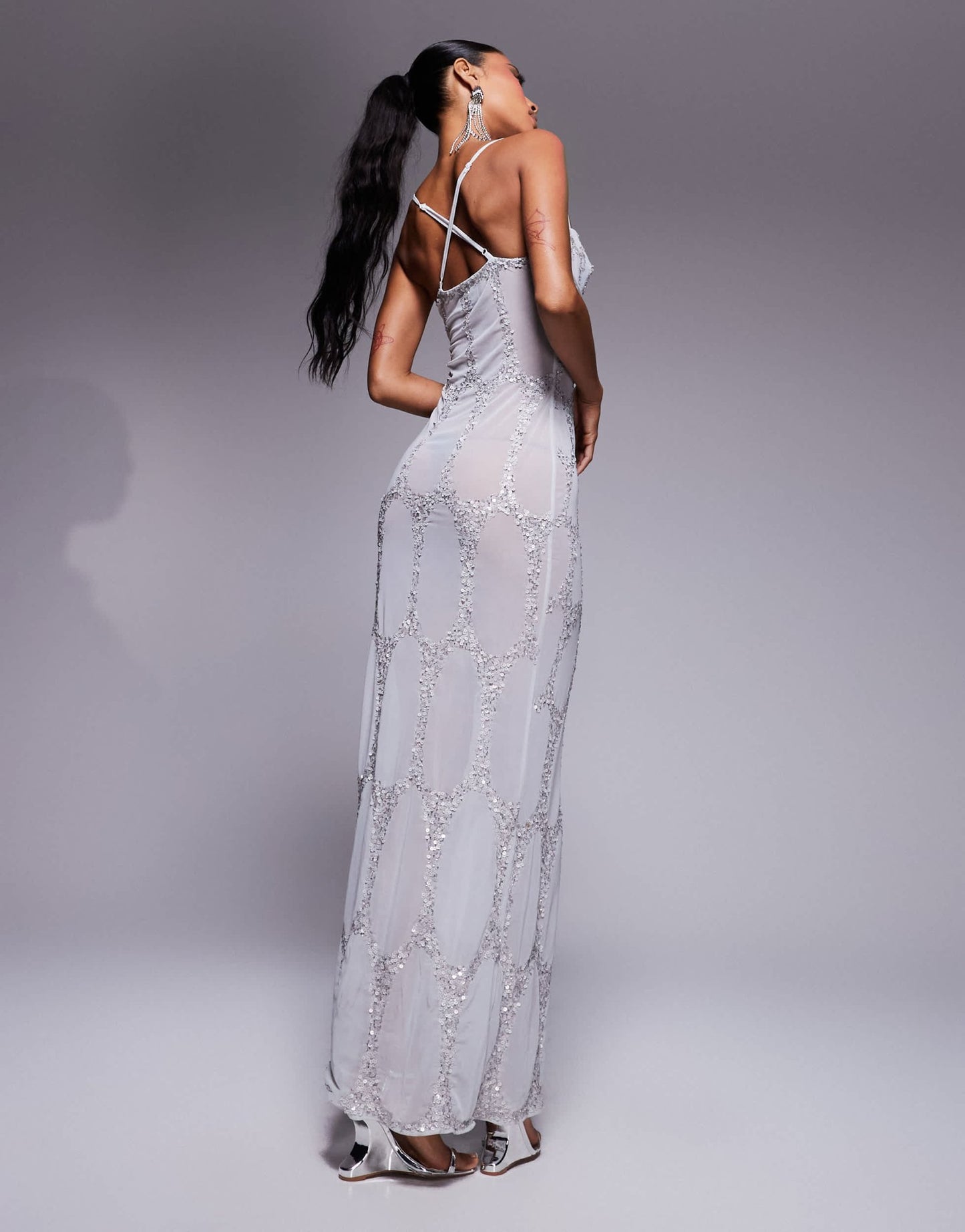 ASOS DESIGN all over embellished cupped maxi dress with asymmetric straps in silver - ASOS Sample Sale EU Store