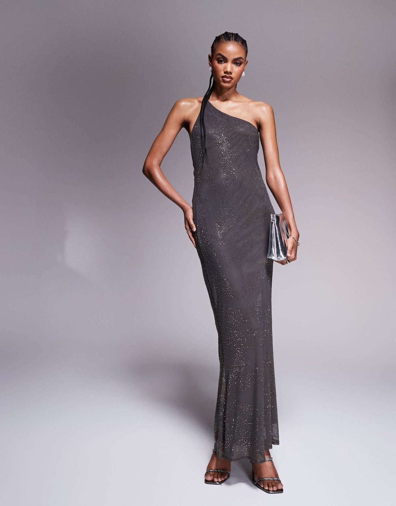 ASOS DESIGN artwork hotfix one shoulder maxi dress with open back in charcoal - ASOS Sample Sale EU Store