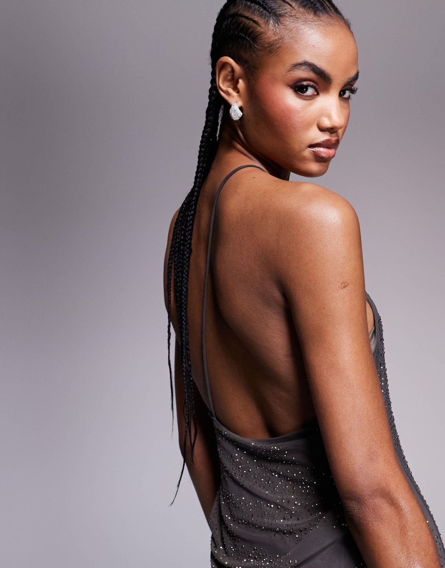 ASOS DESIGN artwork hotfix one shoulder maxi dress with open back in charcoal - ASOS Sample Sale EU Store
