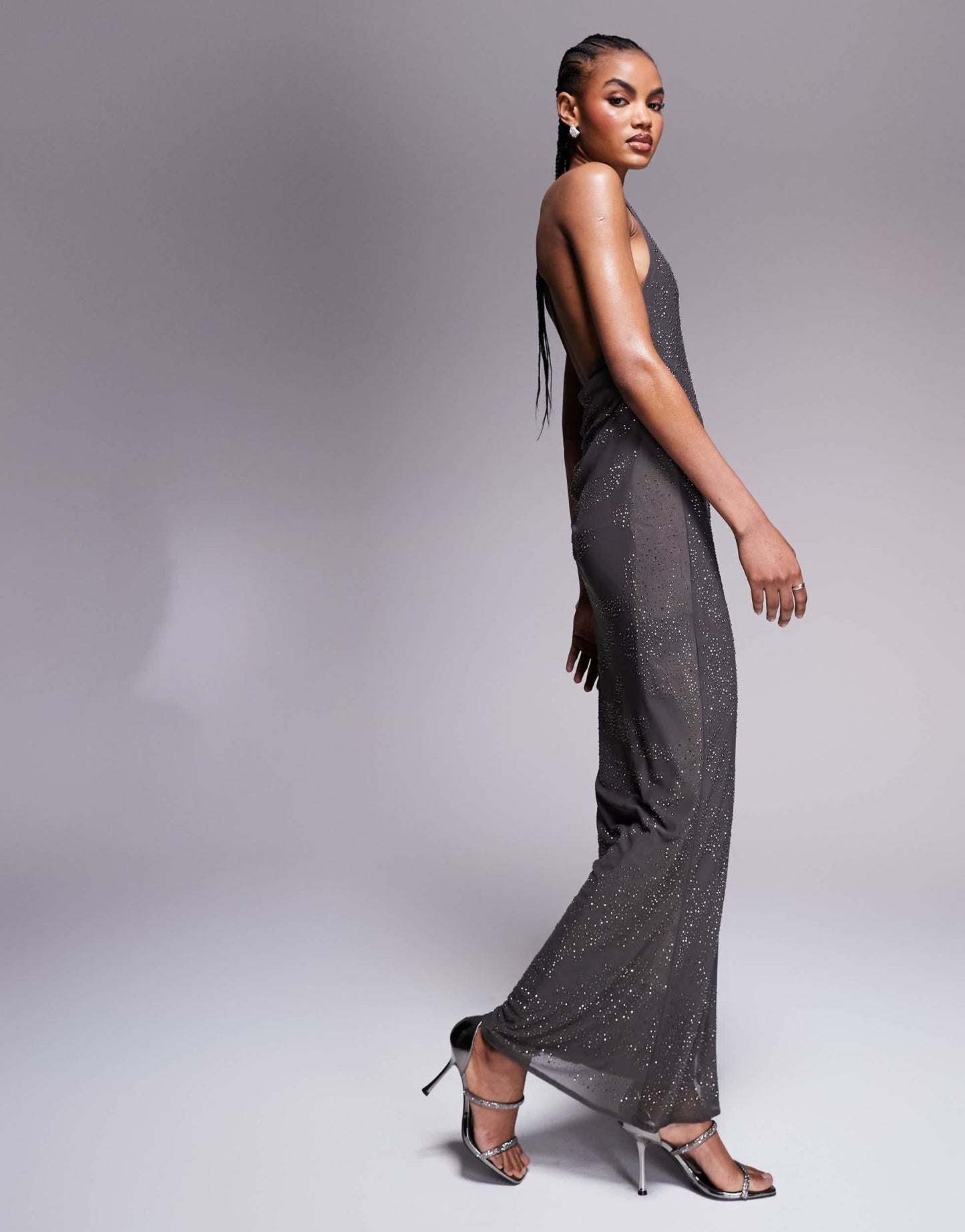 ASOS DESIGN artwork hotfix one shoulder maxi dress with open back in charcoal - ASOS Sample Sale EU Store