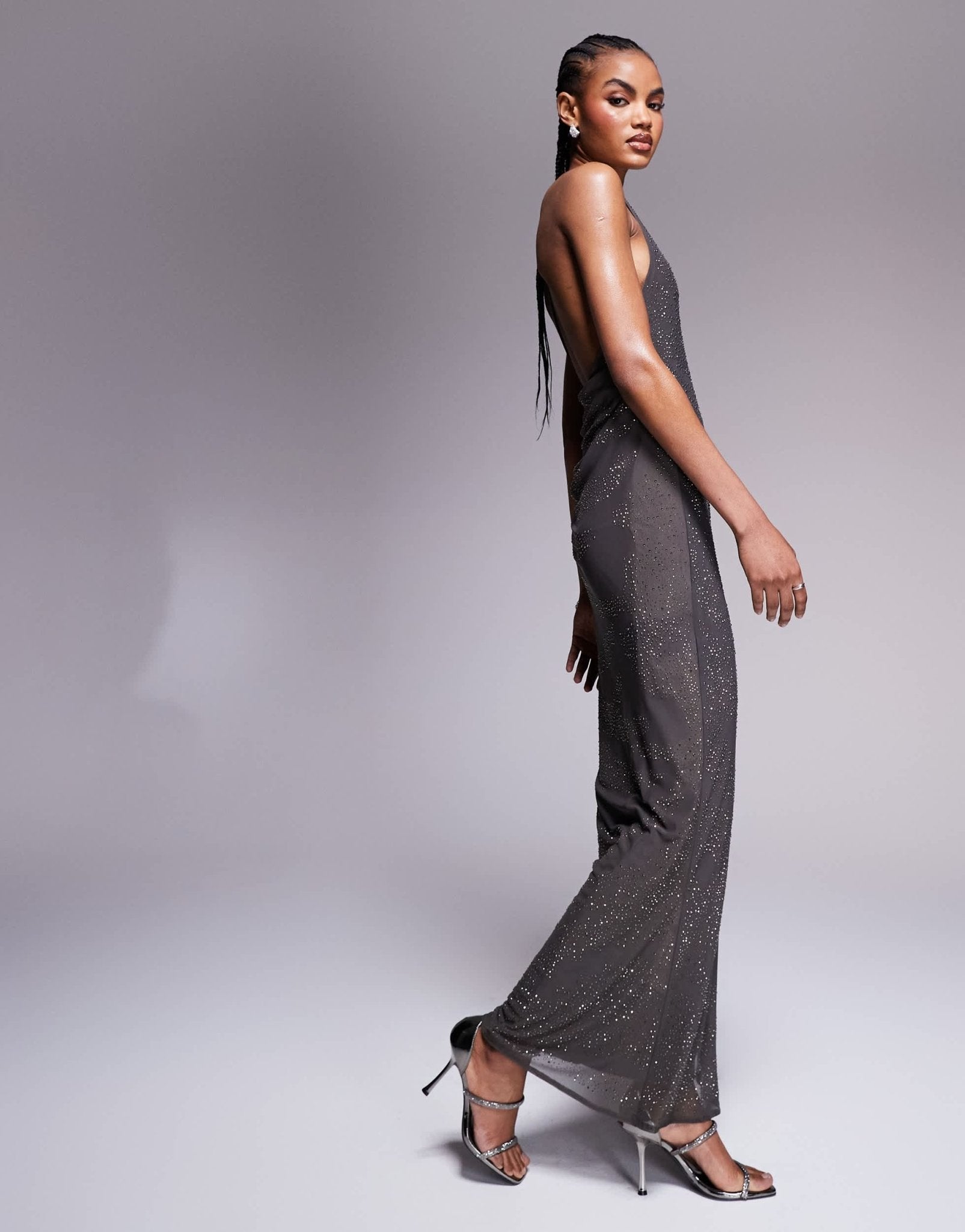ASOS DESIGN artwork hotfix one shoulder maxi dress with open back in charcoal - ASOS Sample Sale EU Store