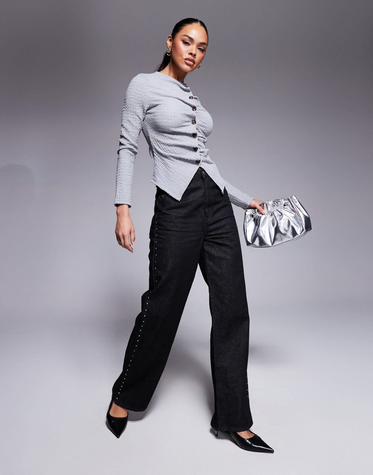 ASOS DESIGN ASOS DESIGN textured button through long sleeve t-shirt in silver grey - ASOS Sample Sale EU Store