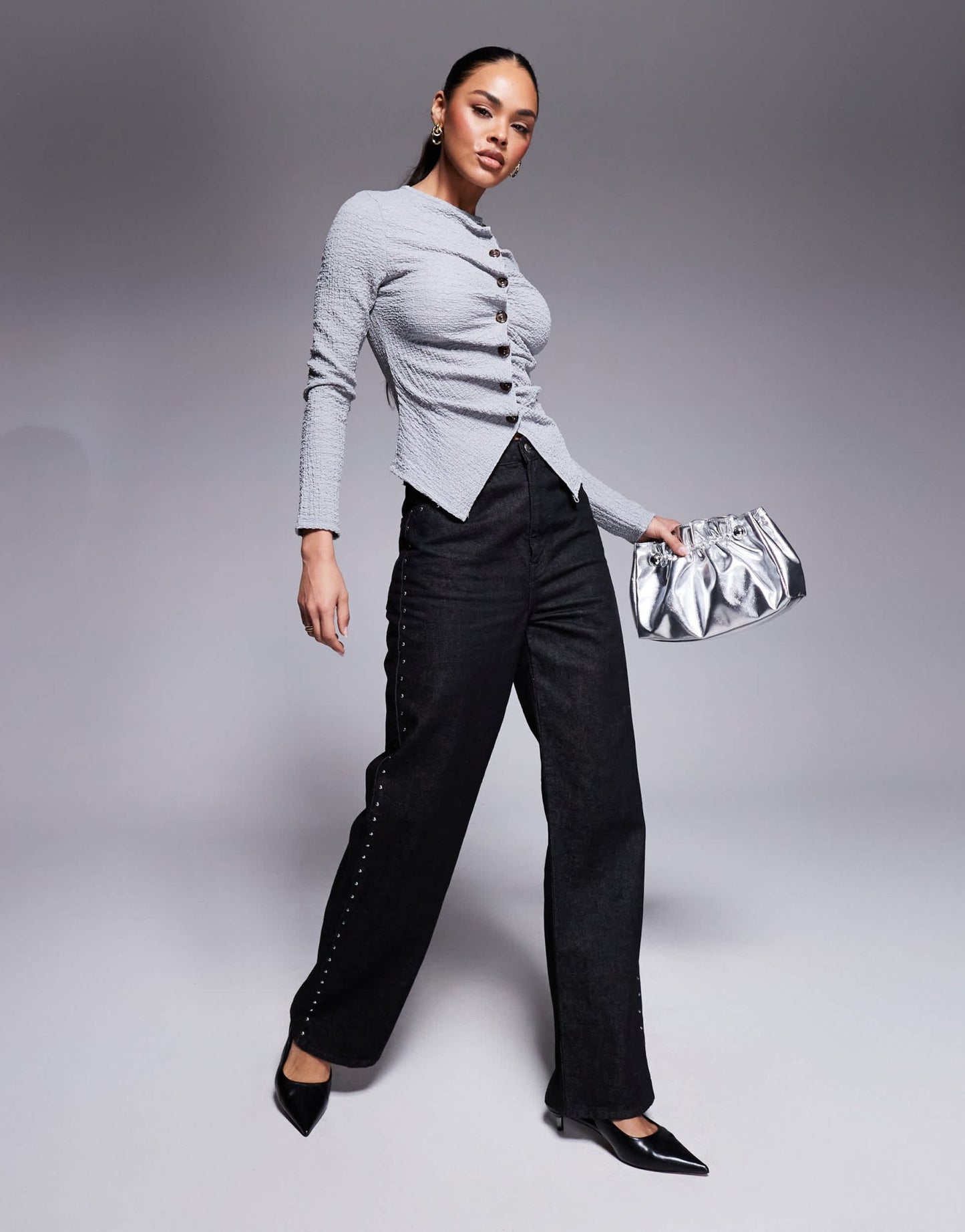 ASOS DESIGN ASOS DESIGN textured button through long sleeve t-shirt in silver grey - ASOS Sample Sale EU Store