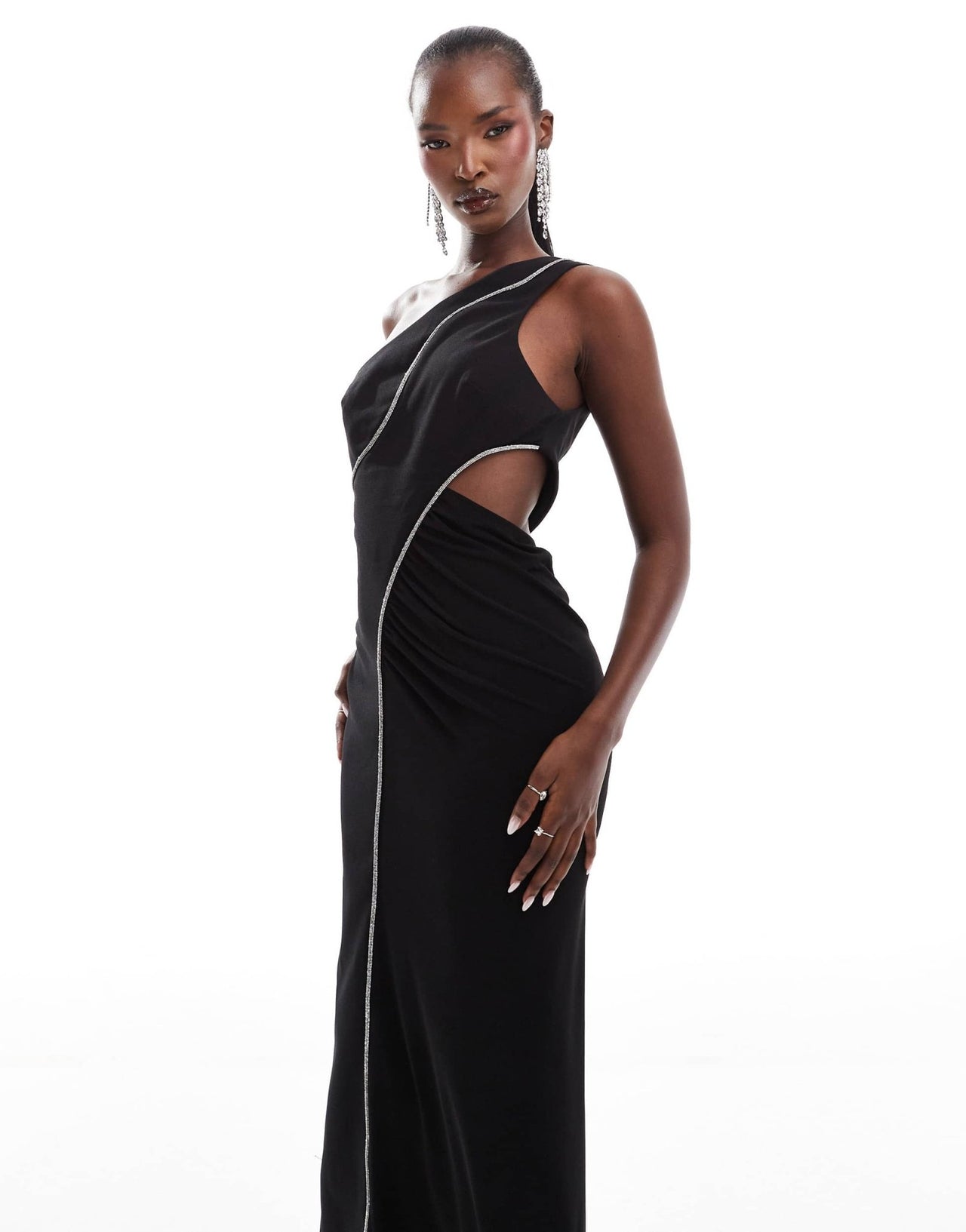 ASOS DESIGN asymmetric drape diamante trim midi dress in black - ASOS Sample Sale EU Store