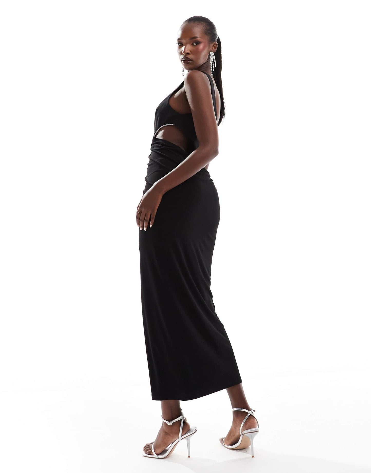 ASOS DESIGN asymmetric drape diamante trim midi dress in black - ASOS Sample Sale EU Store