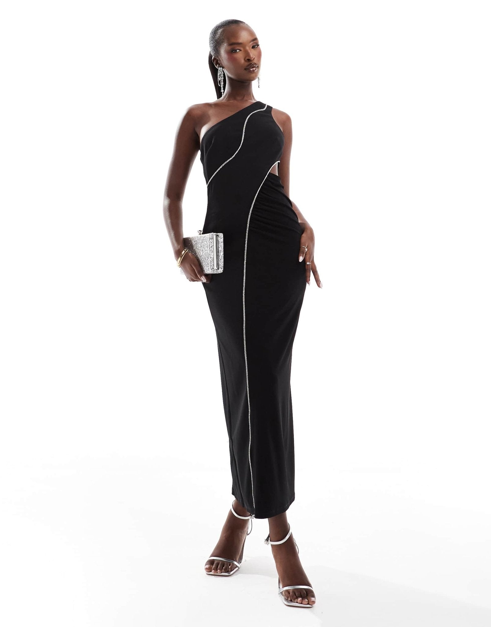 ASOS DESIGN asymmetric drape diamante trim midi dress in black - ASOS Sample Sale EU Store