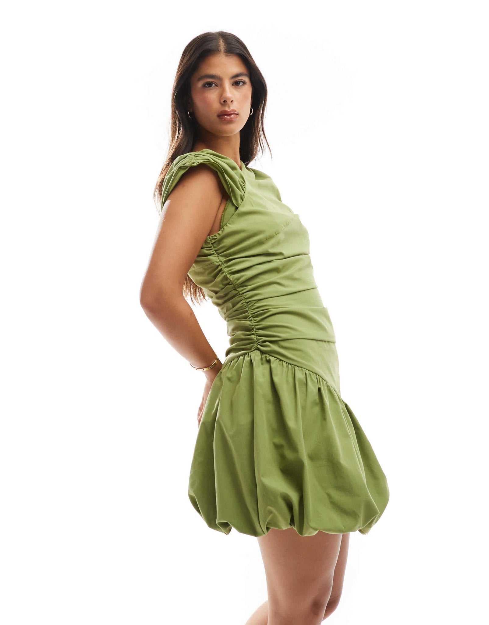 ASOS DESIGN asymmetric mini dress with puffball hem and sleeve in olive green - ASOS Sample Sale EU Store