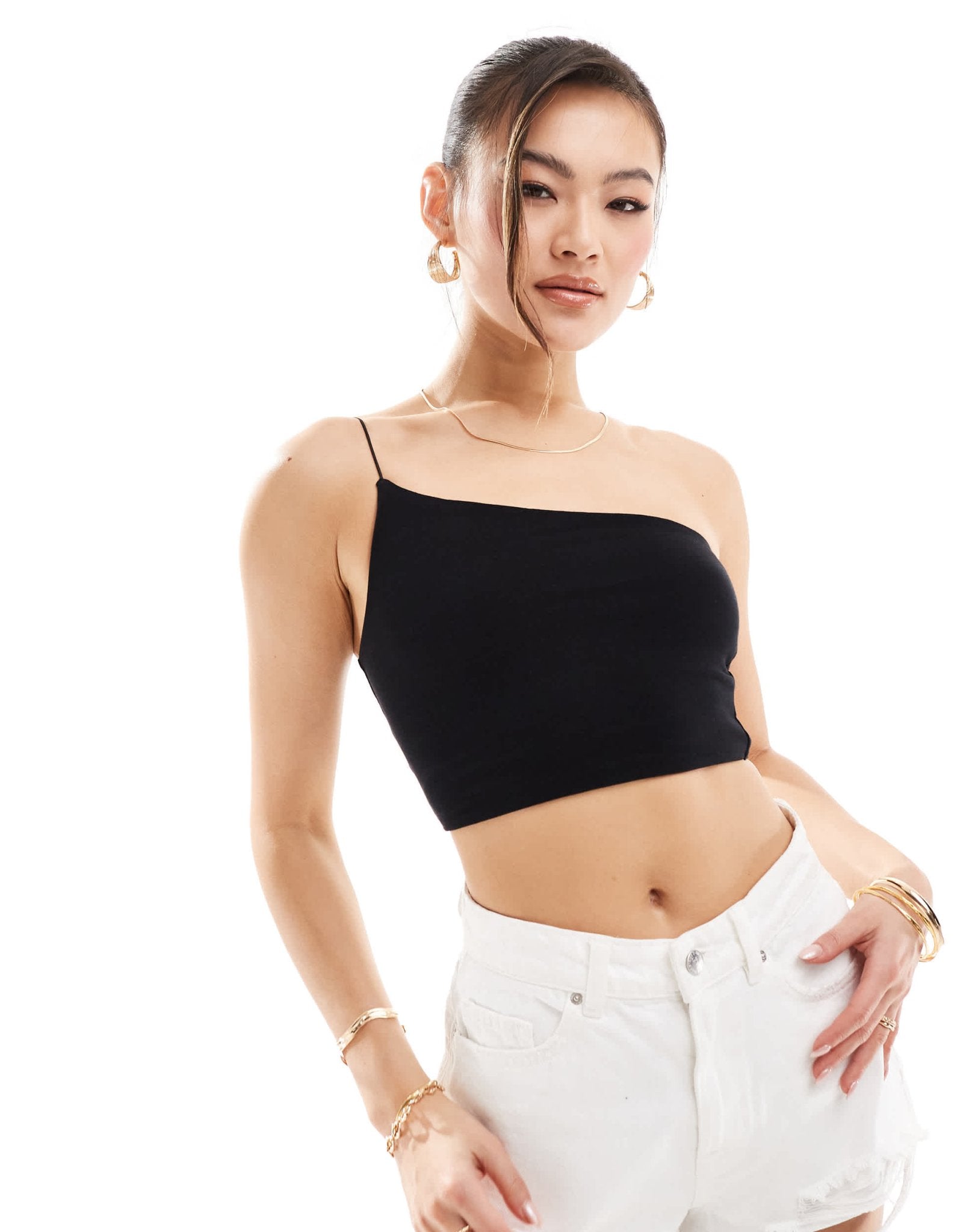 ASOS DESIGN asymmetric neck crop top with skinny strap in black - ASOS Sample Sale EU Store