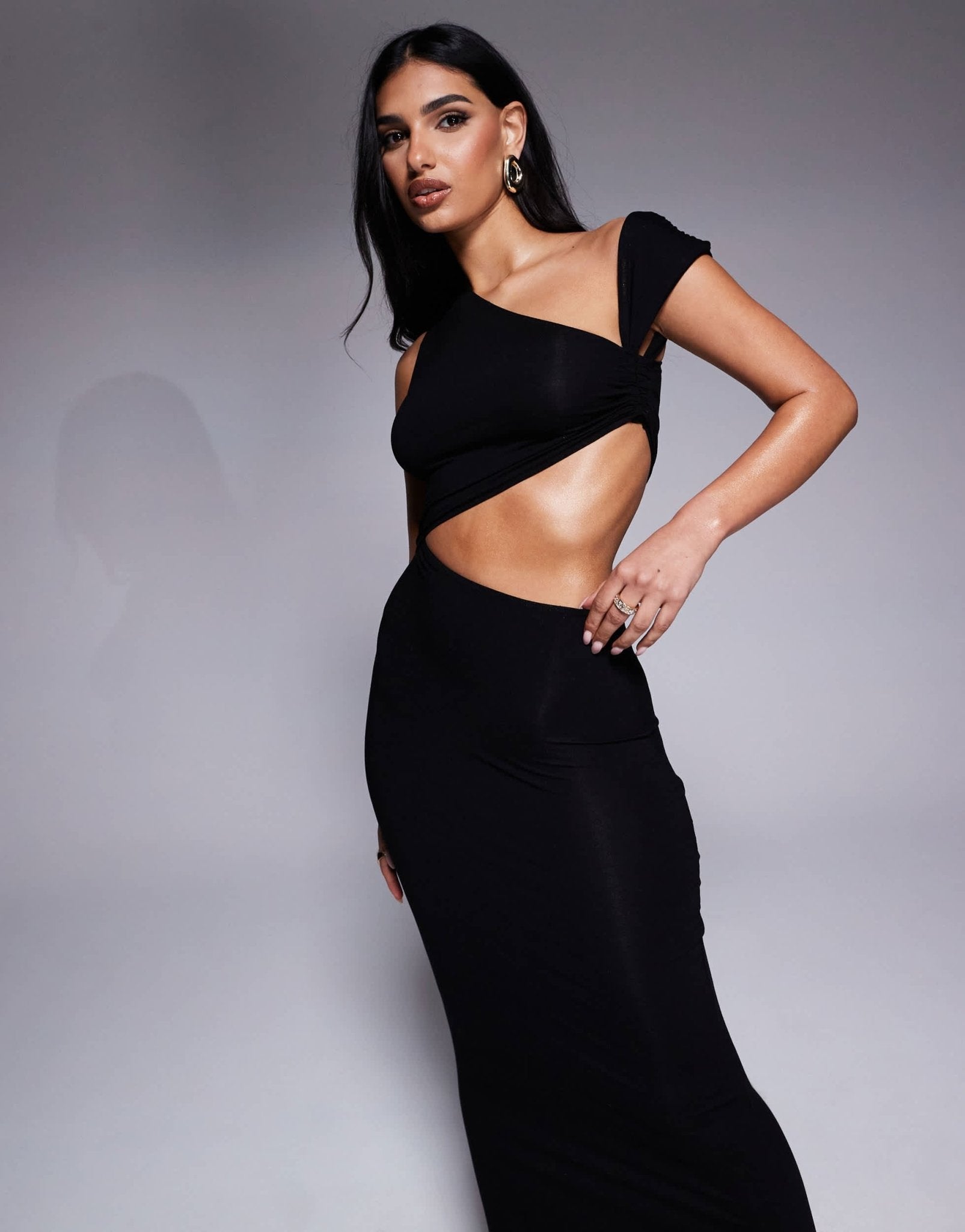 ASOS DESIGN asymmetric neckline midi dress with channelled strap detailing in black - ASOS Sample Sale EU Store
