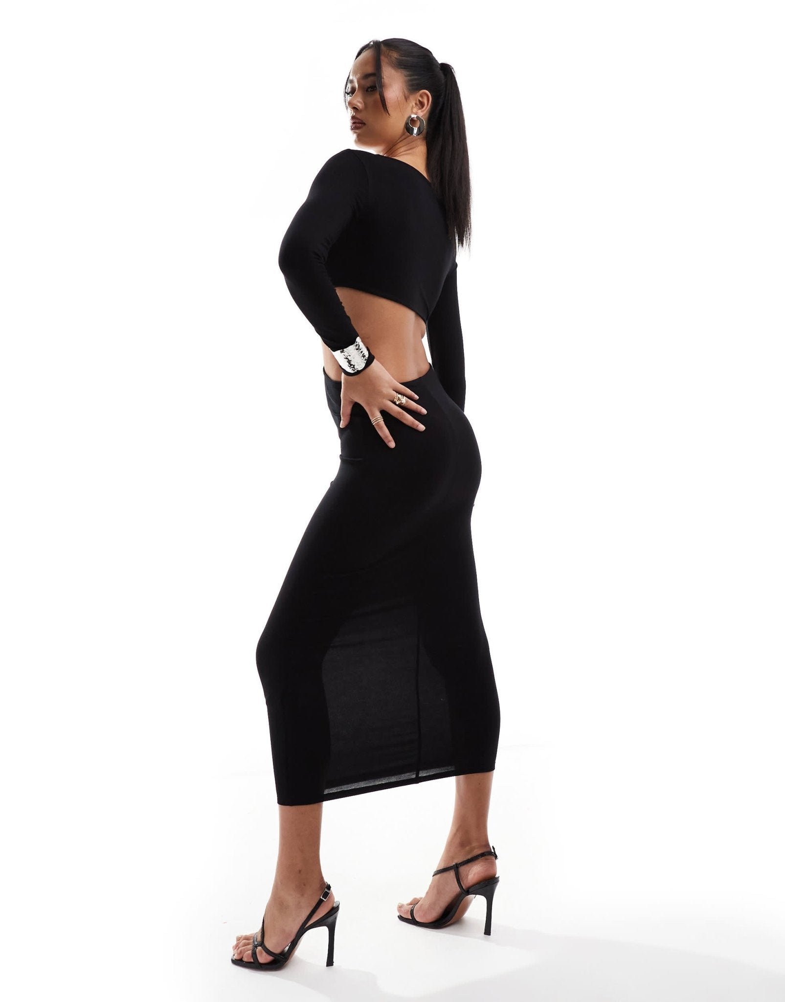 ASOS DESIGN asymmetric neckline twist detail midi dress with cut out in black - ASOS Sample Sale EU Store