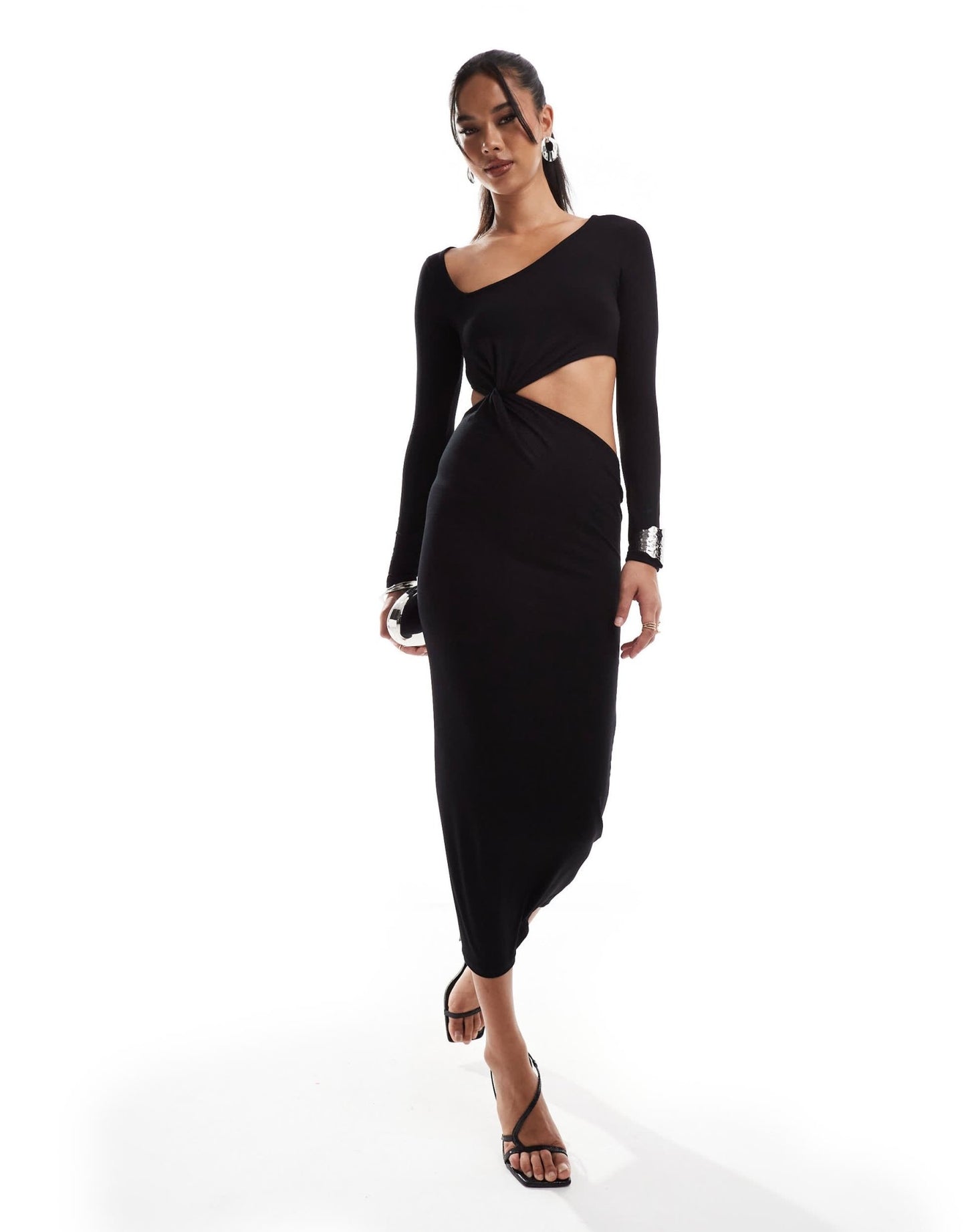 ASOS DESIGN asymmetric neckline twist detail midi dress with cut out in black - ASOS Sample Sale EU Store