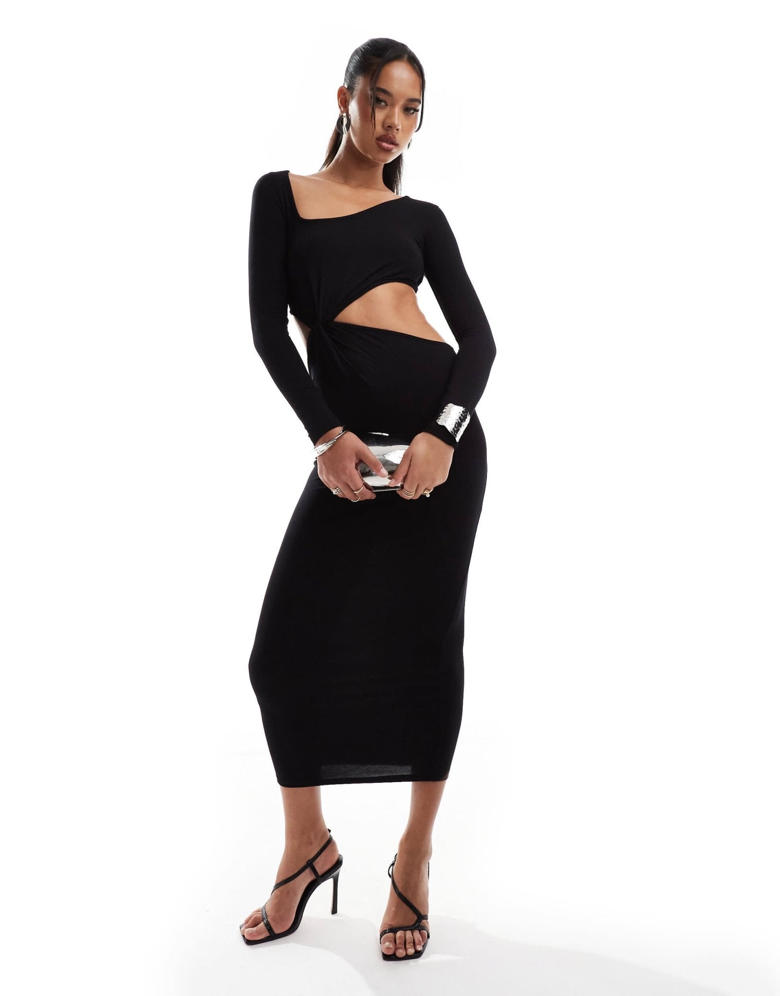 ASOS DESIGN asymmetric neckline twist detail midi dress with cut out in black - ASOS Sample Sale EU Store