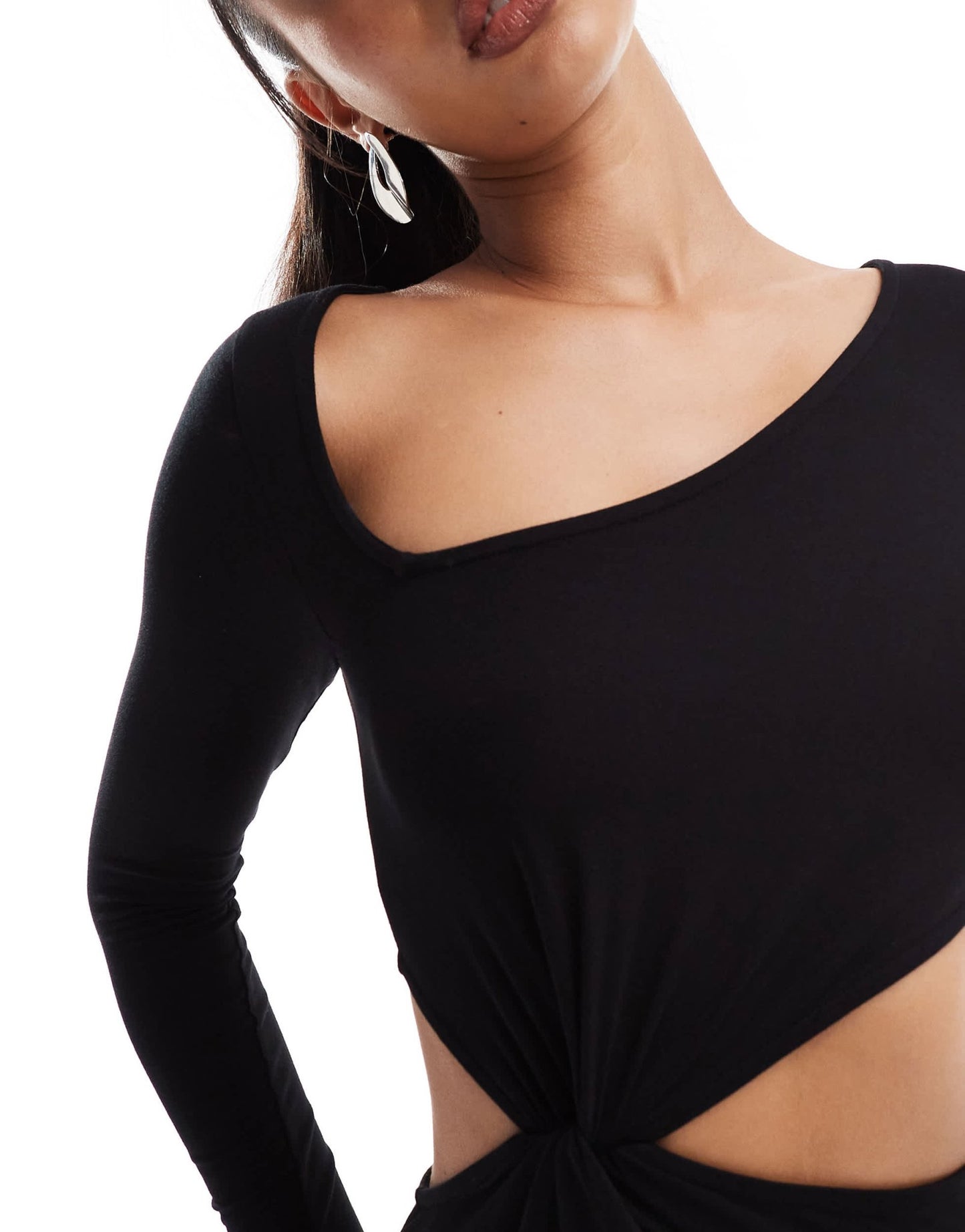 ASOS DESIGN asymmetric neckline twist detail midi dress with cut out in black - ASOS Sample Sale EU Store