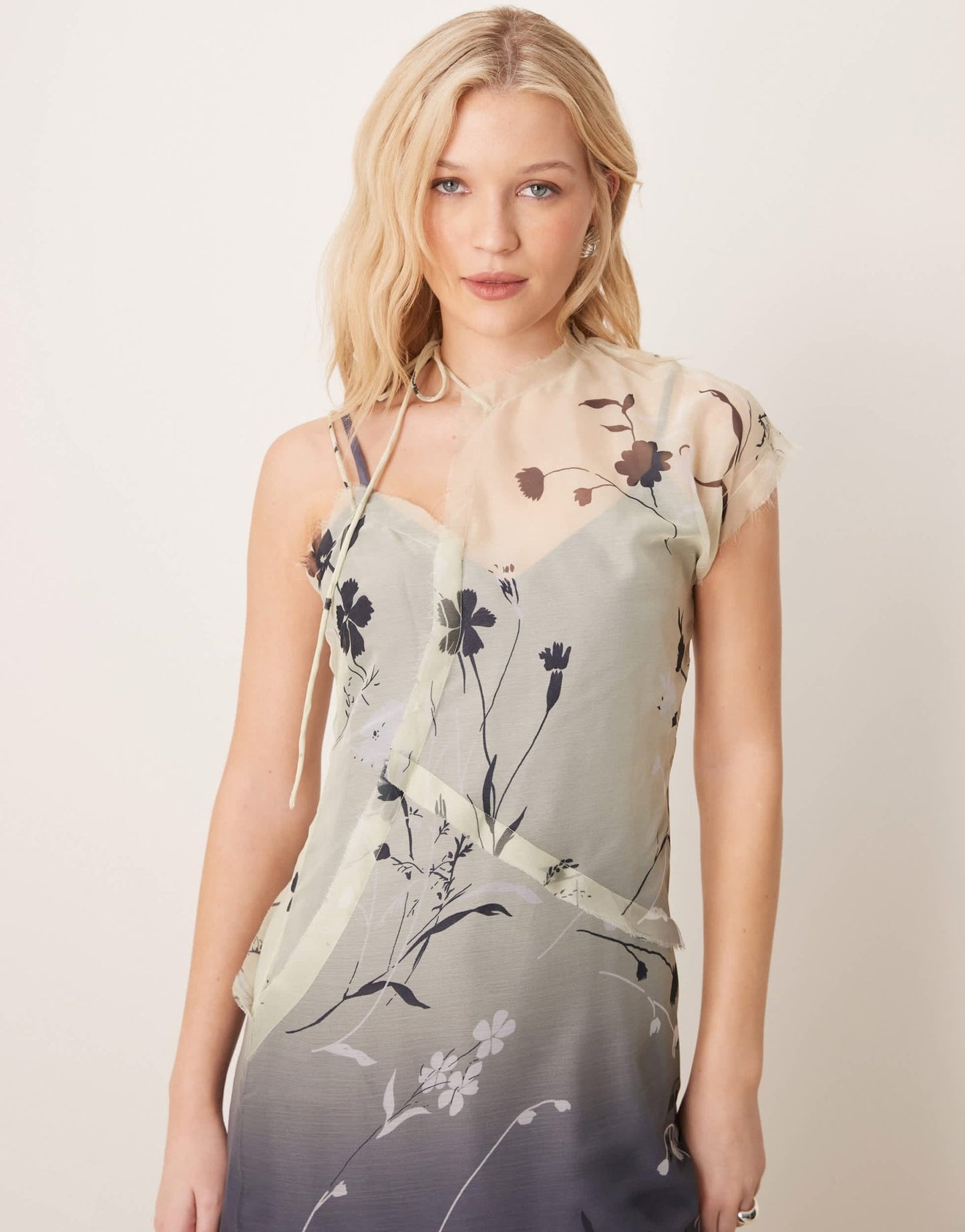 ASOS DESIGN asymmetric tie neck raw edge sheer midi dress in ombre floral print - ASOS Sample Sale EU Store