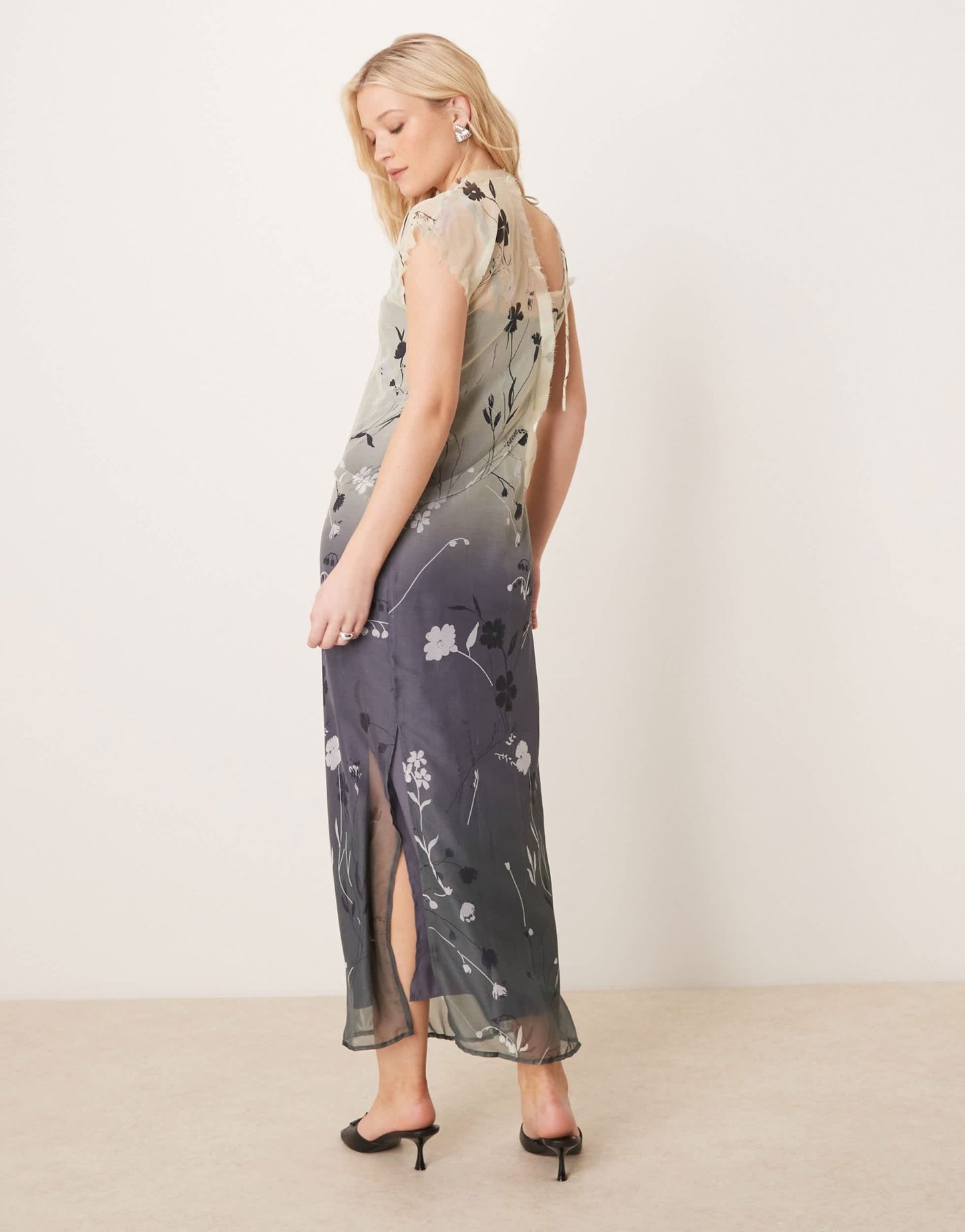 ASOS DESIGN asymmetric tie neck raw edge sheer midi dress in ombre floral print - ASOS Sample Sale EU Store