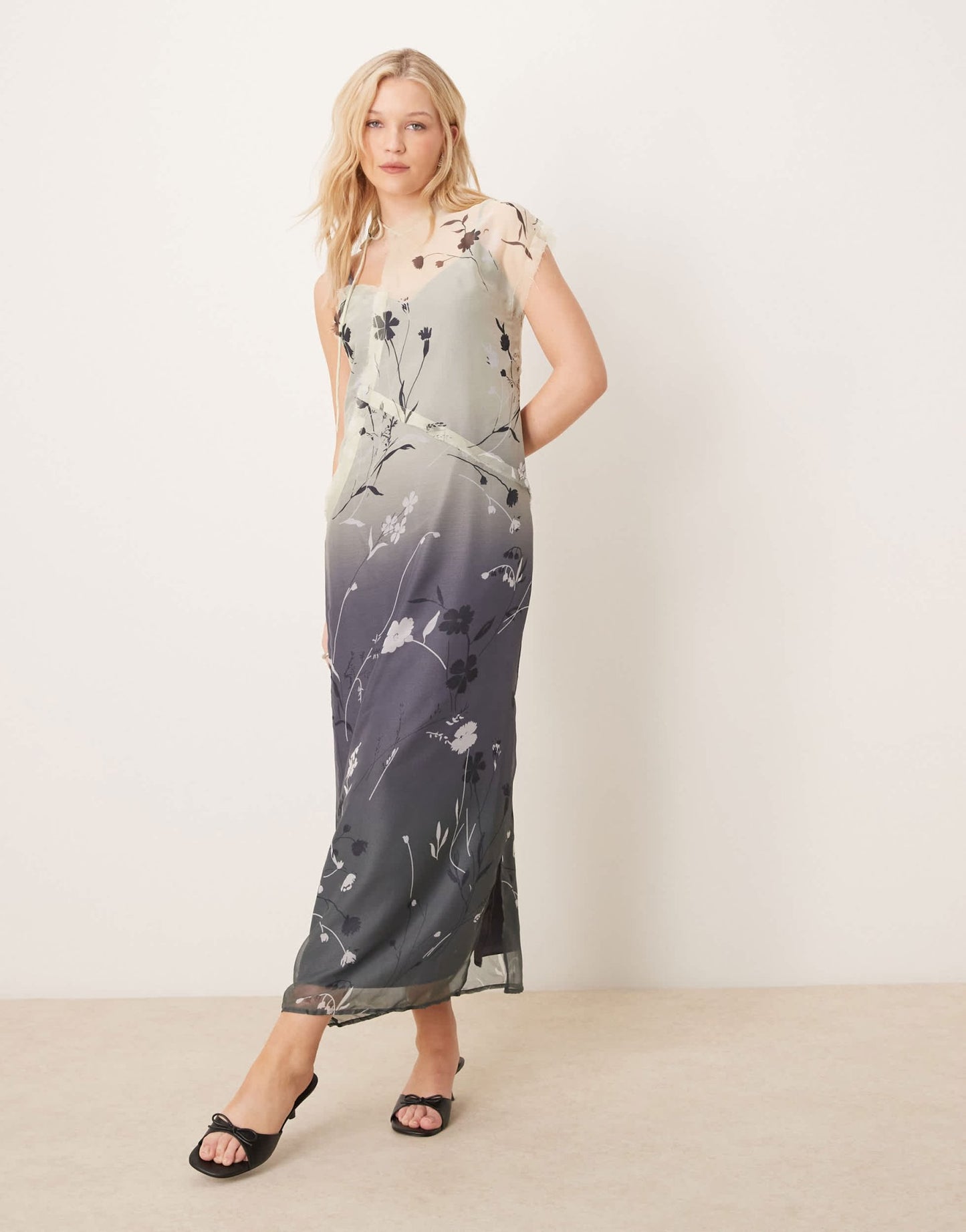 ASOS DESIGN asymmetric tie neck raw edge sheer midi dress in ombre floral print - ASOS Sample Sale EU Store