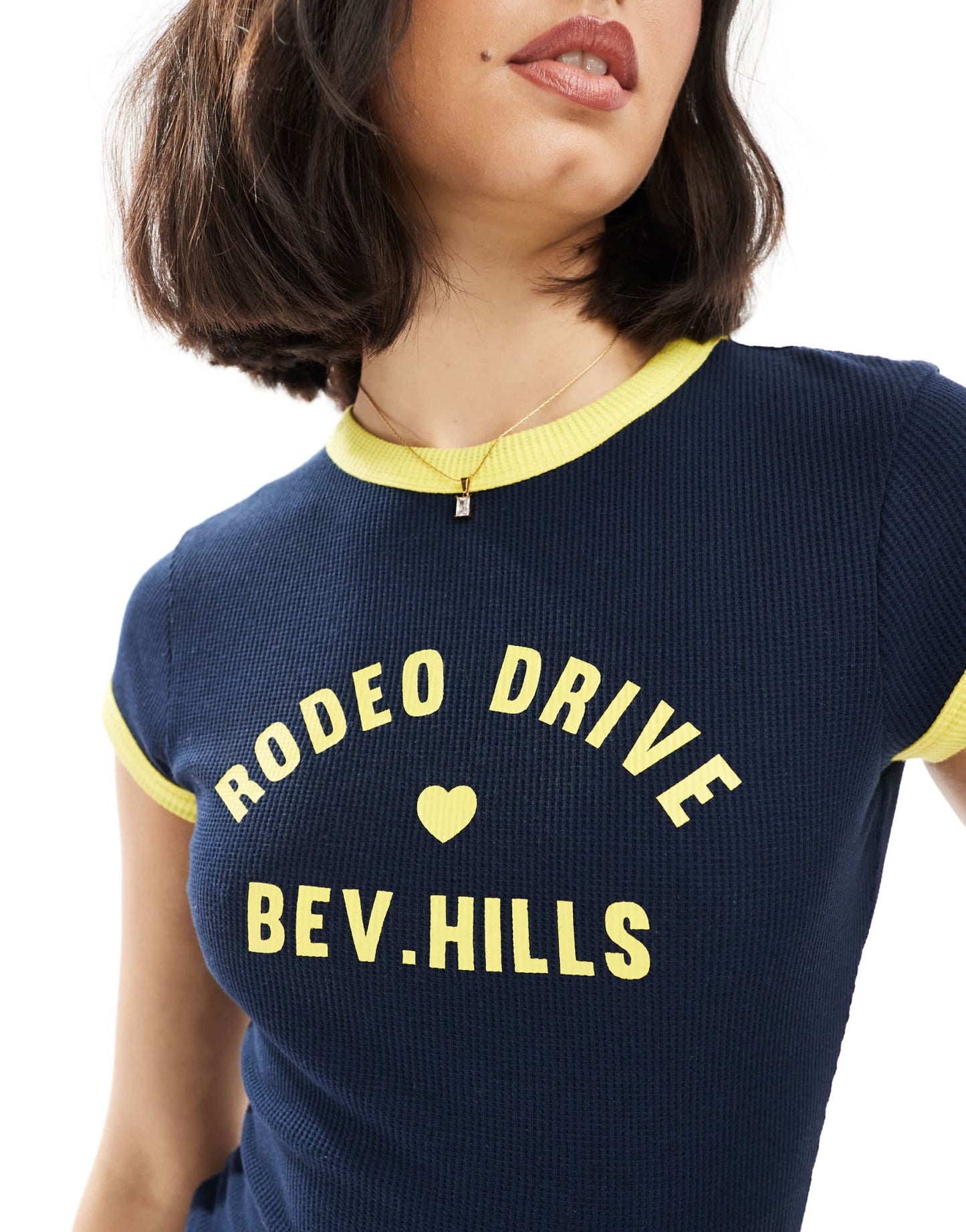 ASOS DESIGN baby tee in waffle with Beverly Hills graphic in navy - ASOS Sample Sale EU Store