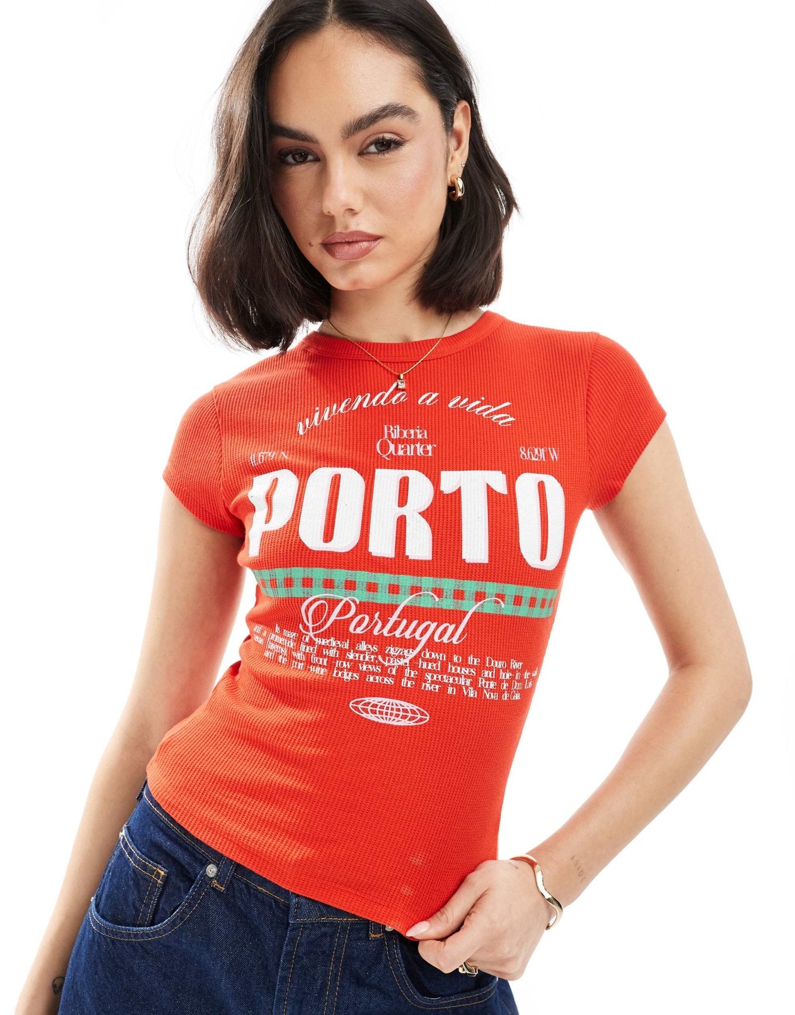 ASOS DESIGN babytee in waffle with Porto graphic in red - ASOS Sample Sale EU Store