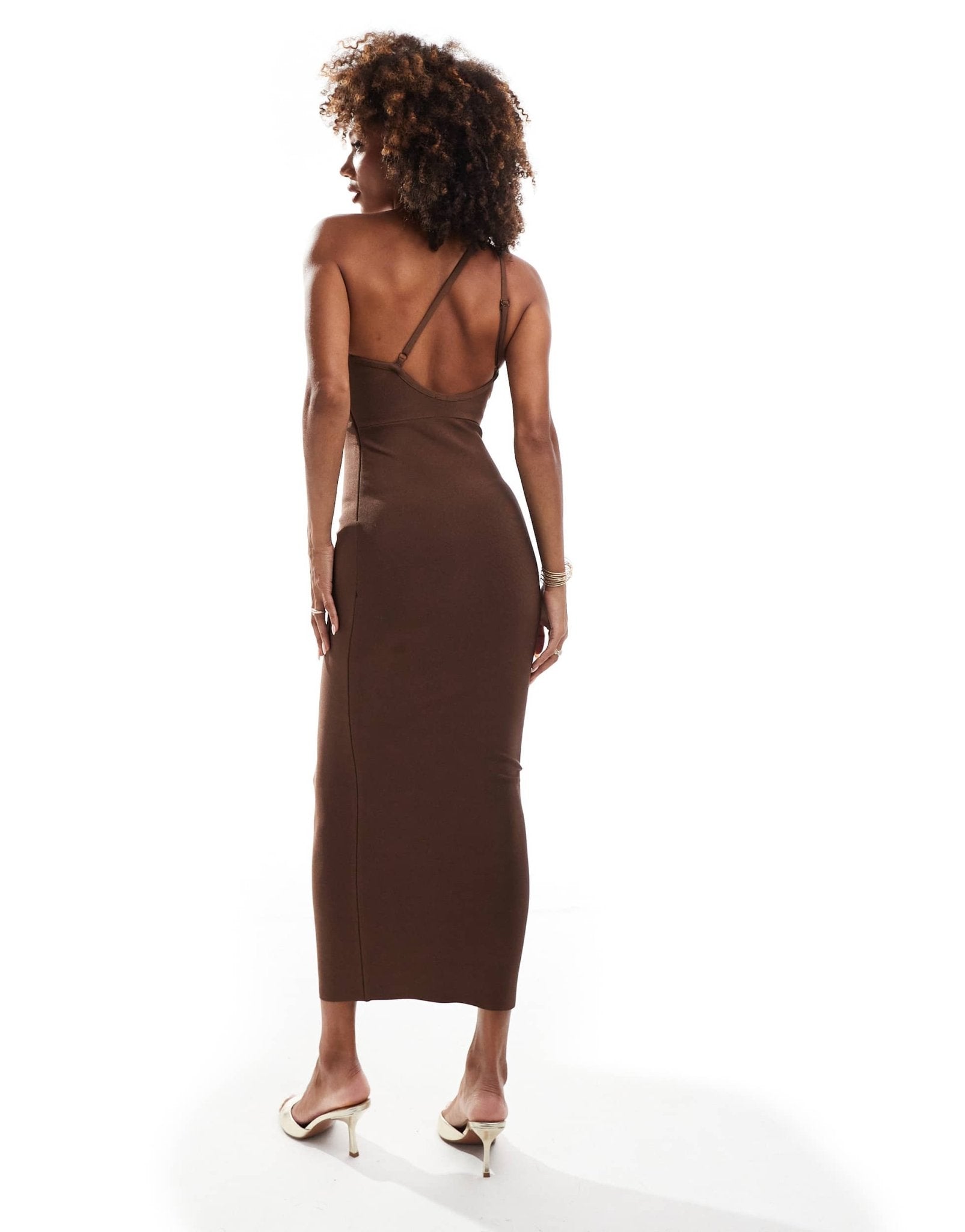 ASOS DESIGN bandage one shoulder midi dress with open back in chocolate - ASOS Sample Sale EU Store