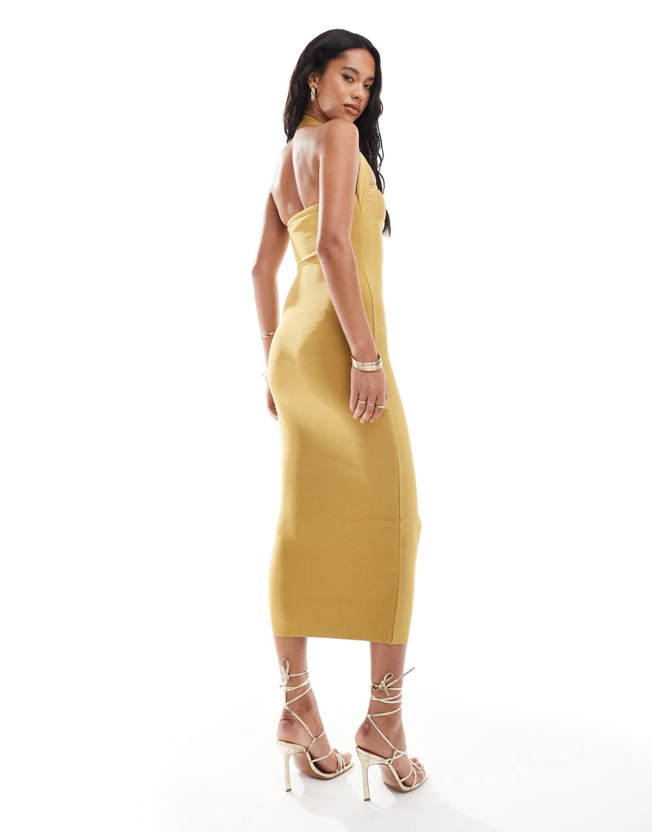 ASOS DESIGN bandage square neck halter midi dress in gold - ASOS Sample Sale EU Store