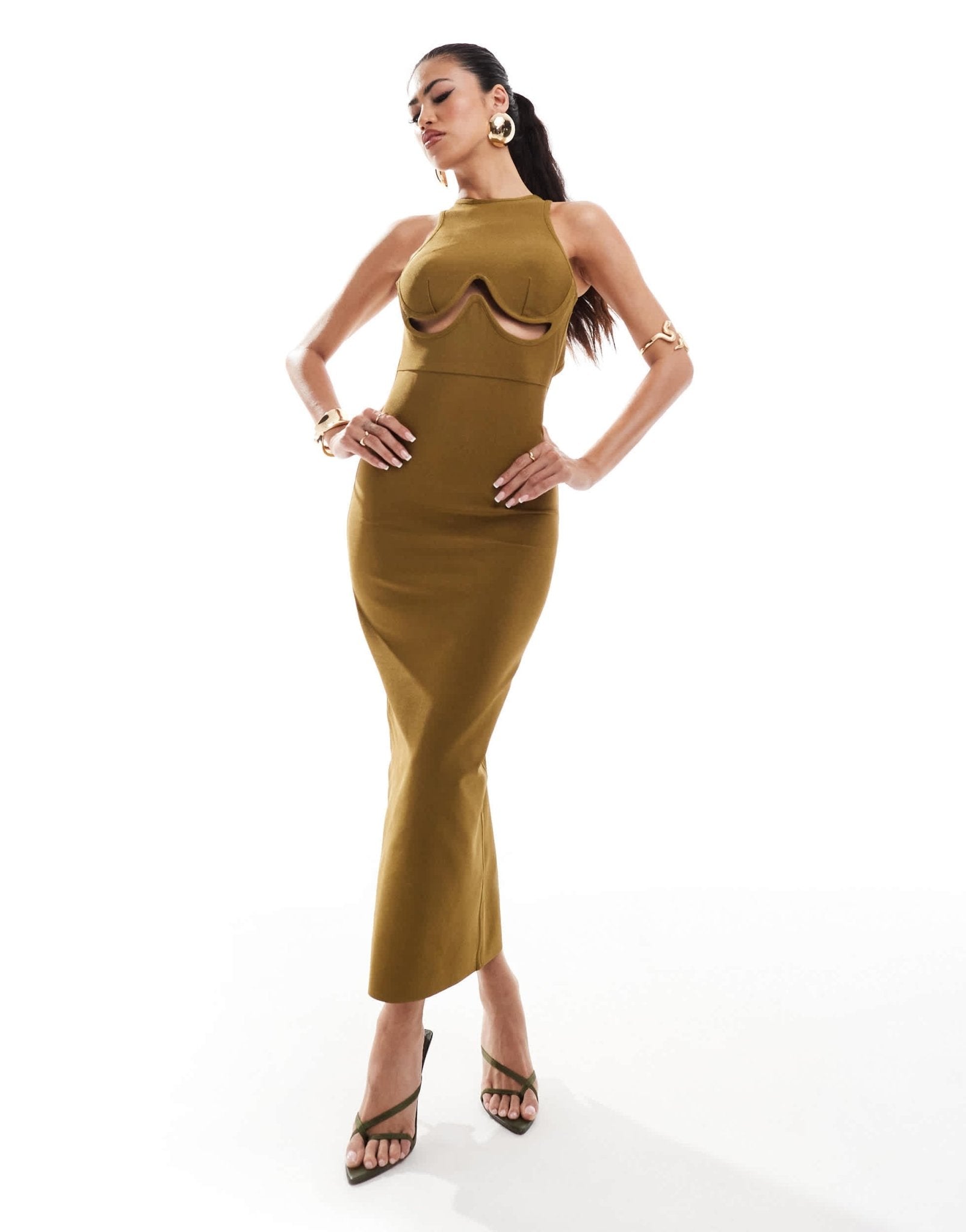 ASOS DESIGN bandage under bust cut out detail racer midi dress in bronze - ASOS Sample Sale EU Store