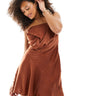 ASOS DESIGN bandeau asymmetric bias satin mini dress in chocolate