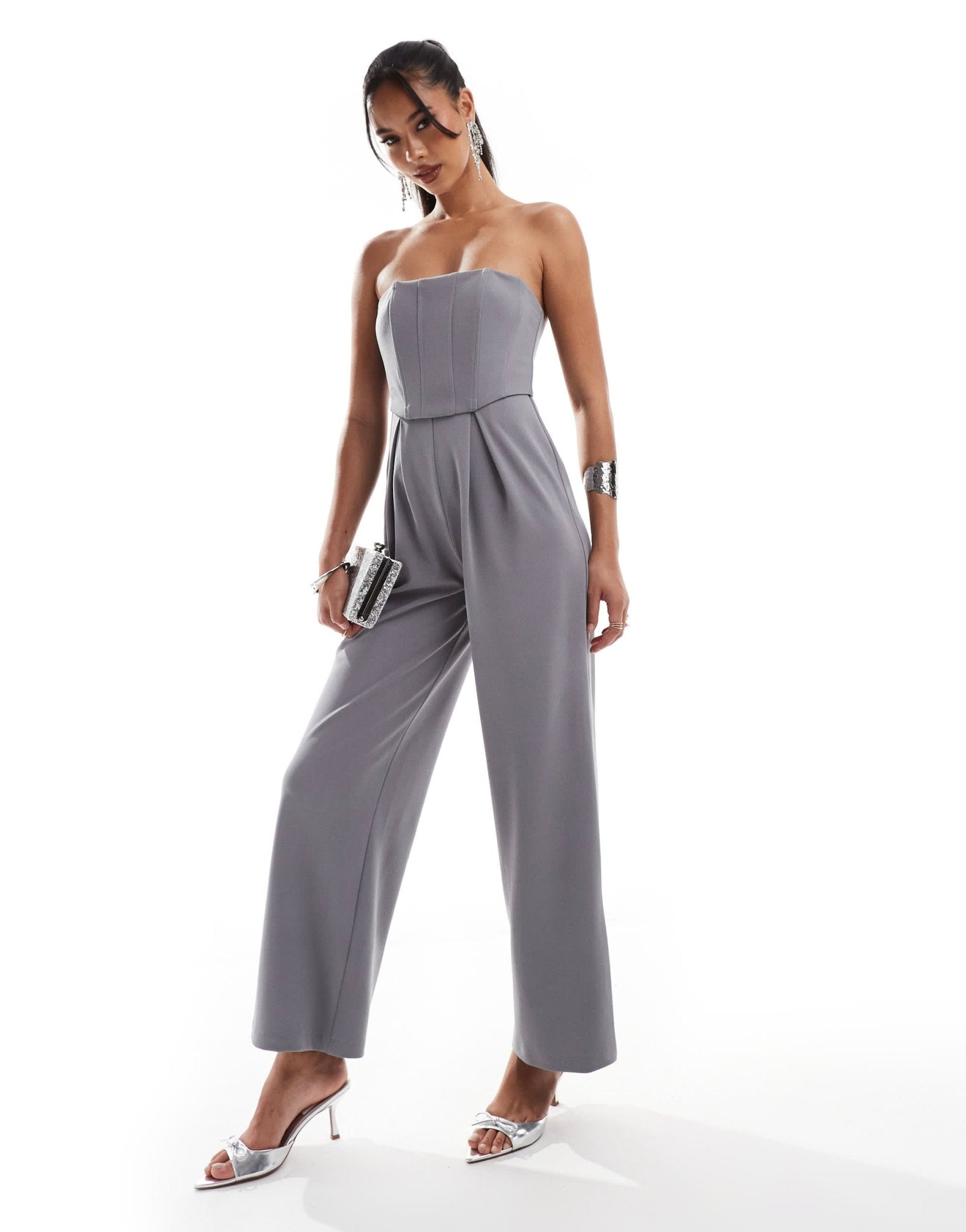 ASOS DESIGN bandeau corset wide leg jumpsuit in smoke grey - ASOS Sample Sale EU Store