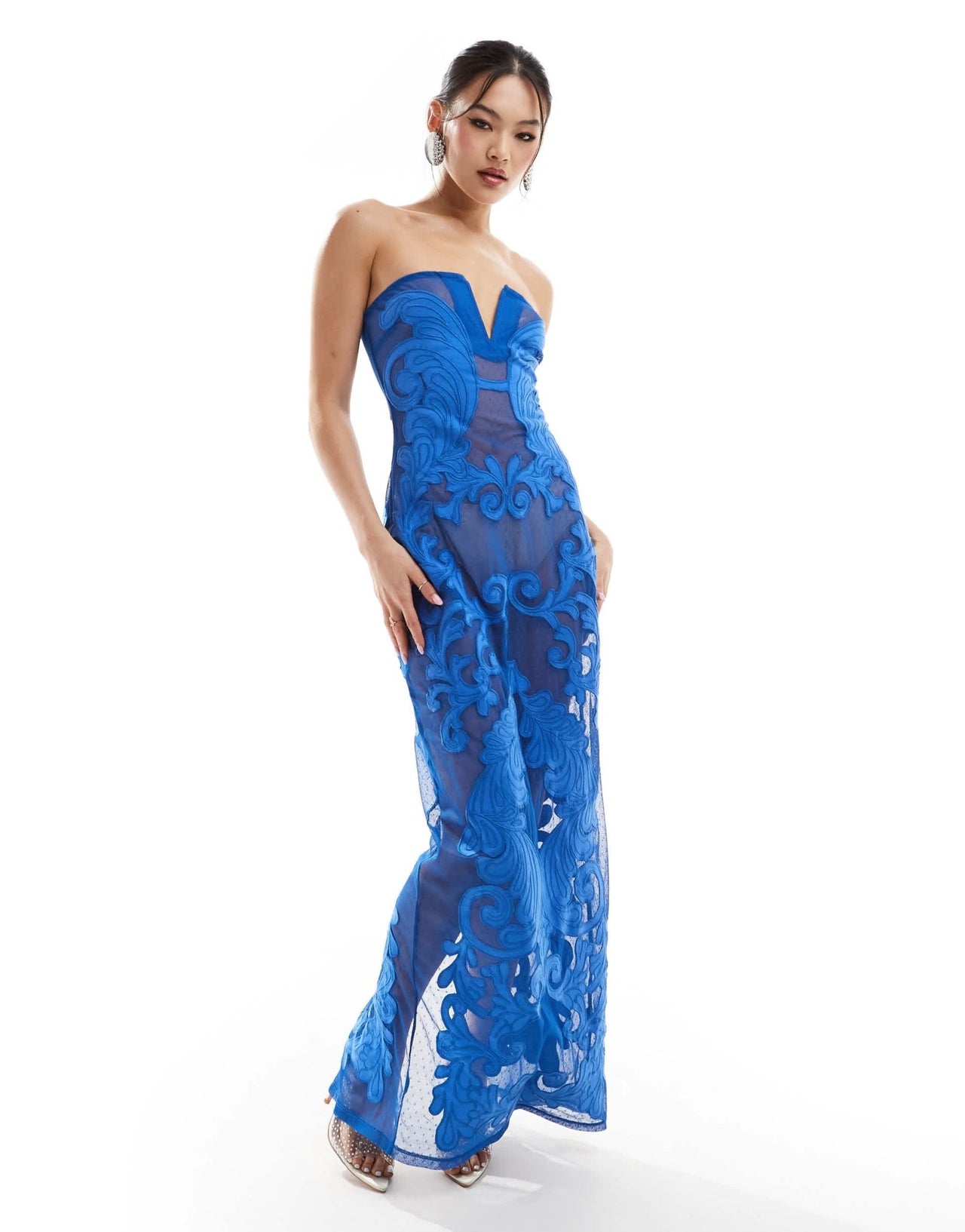 ASOS DESIGN bandeau dobby mesh applique maxi dress in cobalt blue - ASOS Sample Sale EU Store