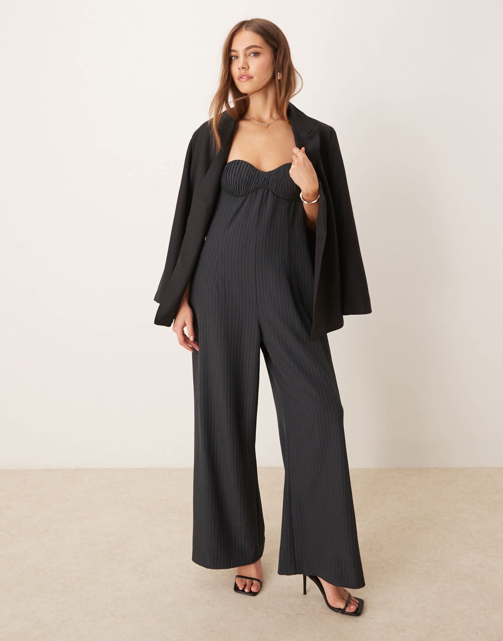 ASOS DESIGN bandeau pleated bust wide leg jumpsuit in grey pinstripe - ASOS Sample Sale EU Store