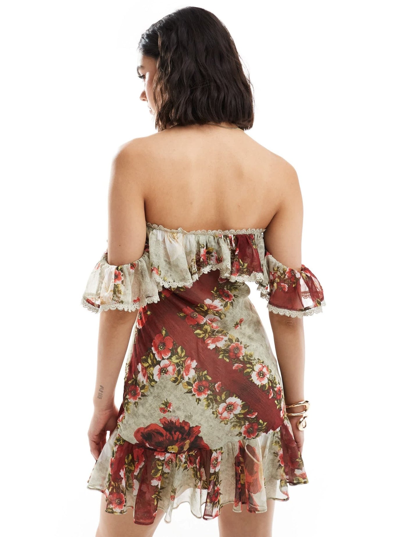 ASOS DESIGN bardot bias mini dress with ruffle and lace trim in floral print - ASOS Sample Sale EU Store