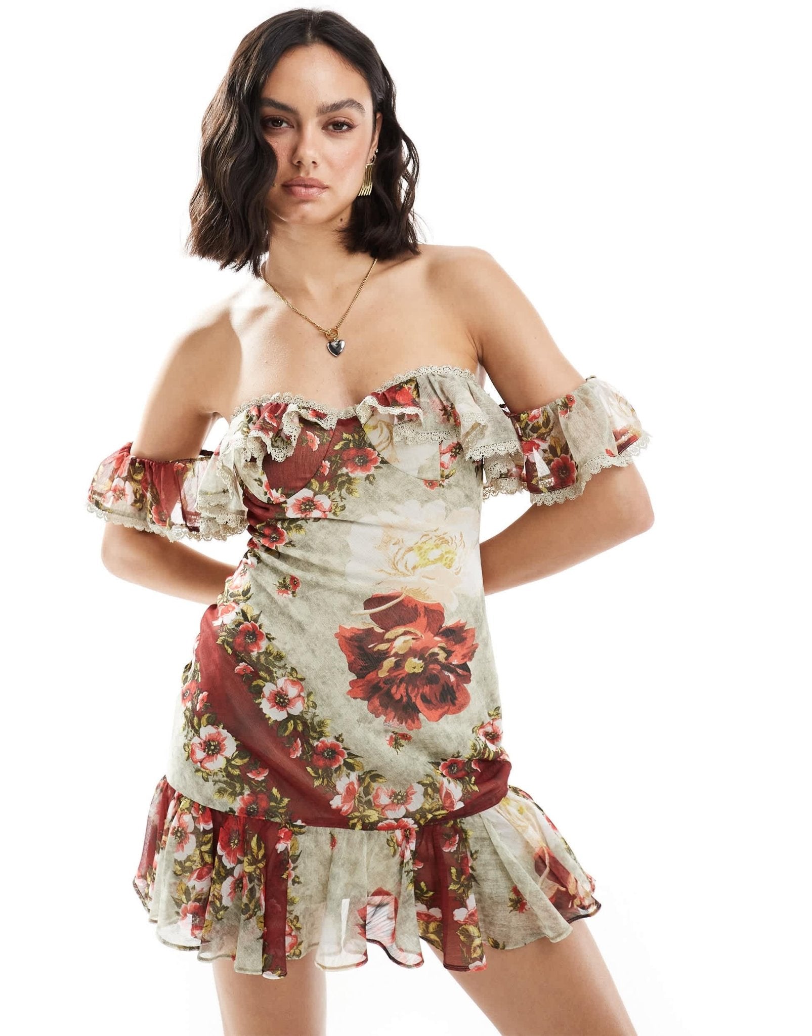 ASOS DESIGN bardot bias mini dress with ruffle and lace trim in floral print - ASOS Sample Sale EU Store