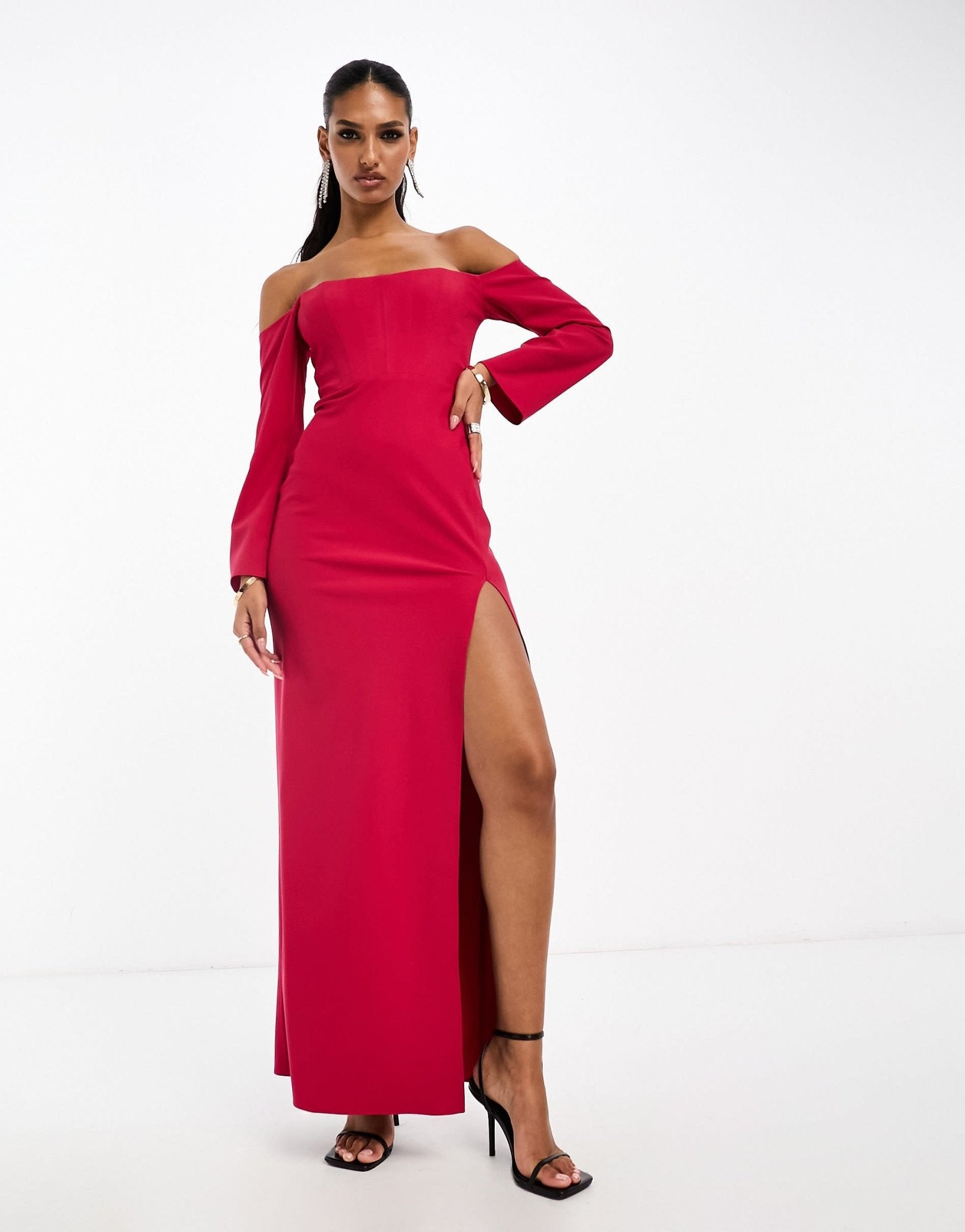 ASOS DESIGN bardot long sleeve maxi dress with corset detail in pink - ASOS Sample Sale EU Store