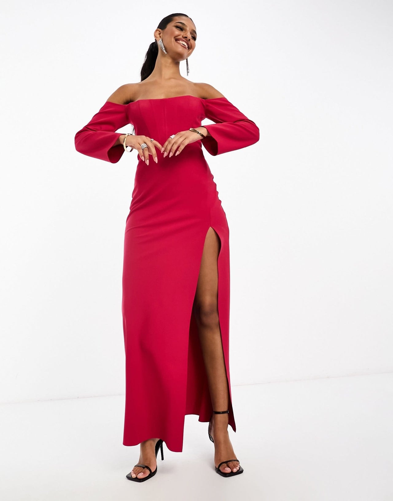 ASOS DESIGN bardot long sleeve maxi dress with corset detail in pink - ASOS Sample Sale EU Store