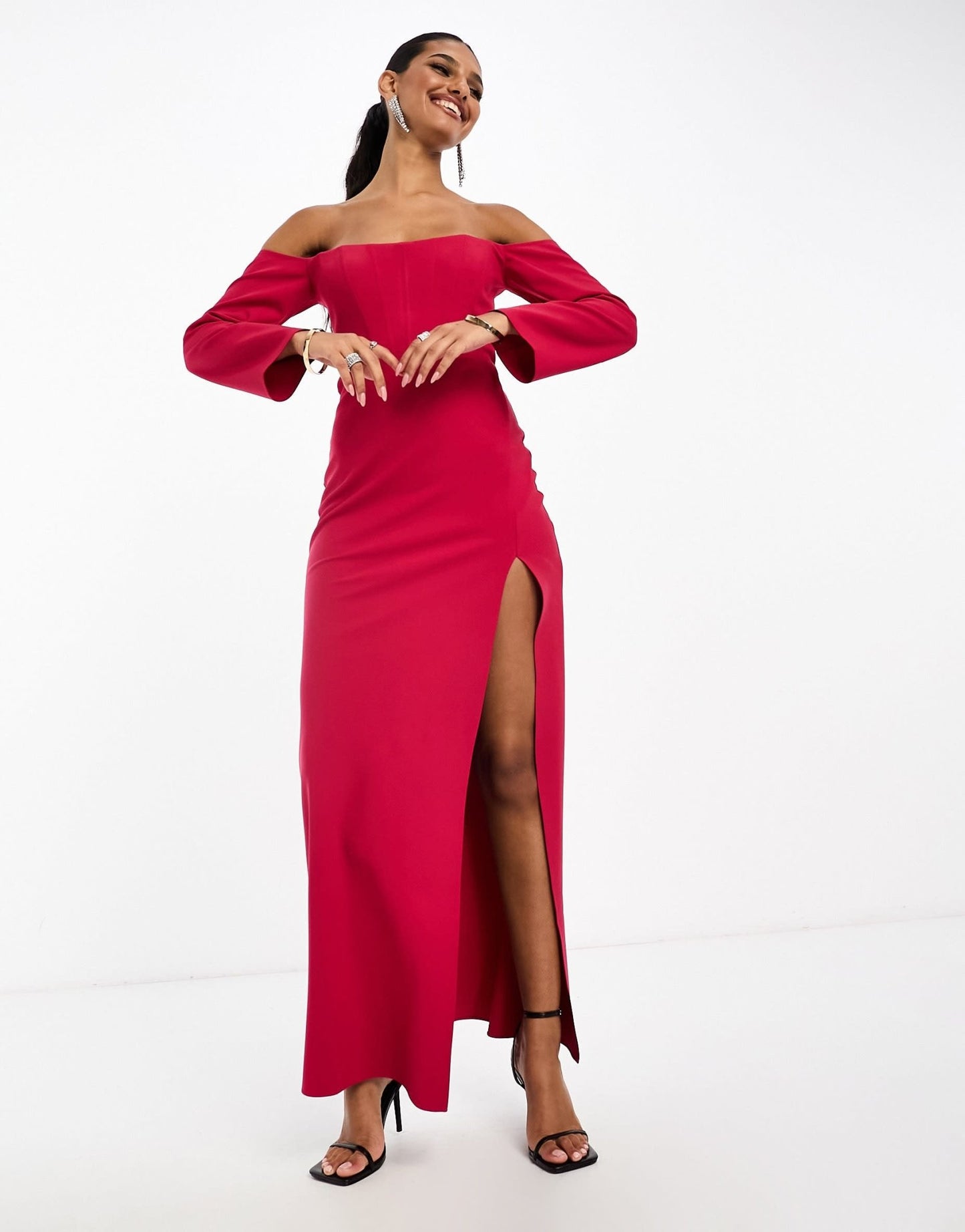 ASOS DESIGN bardot long sleeve maxi dress with corset detail in pink - ASOS Sample Sale EU Store