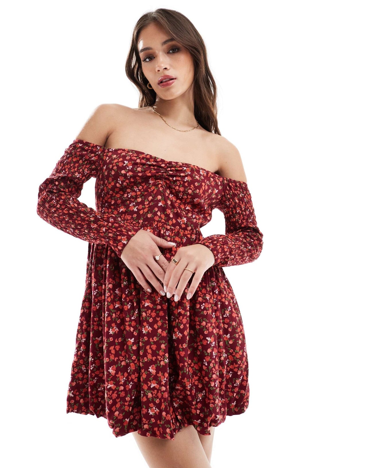 ASOS DESIGN bardot puffball mini dress in red ditsy print - ASOS Sample Sale EU Store