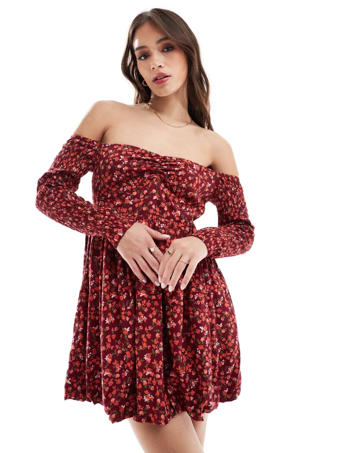 ASOS DESIGN bardot puffball mini dress in red ditsy print - ASOS Sample Sale EU Store