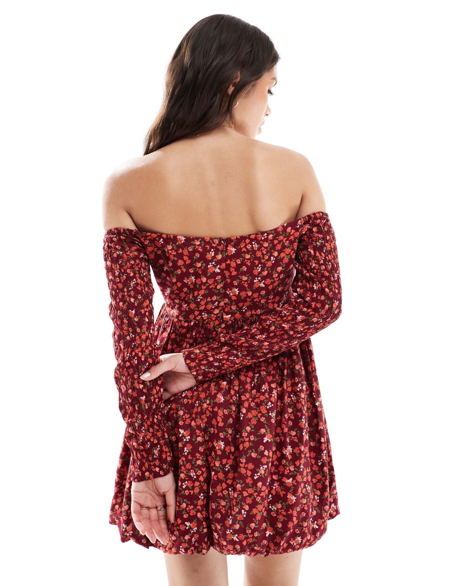 ASOS DESIGN bardot puffball mini dress in red ditsy print - ASOS Sample Sale EU Store