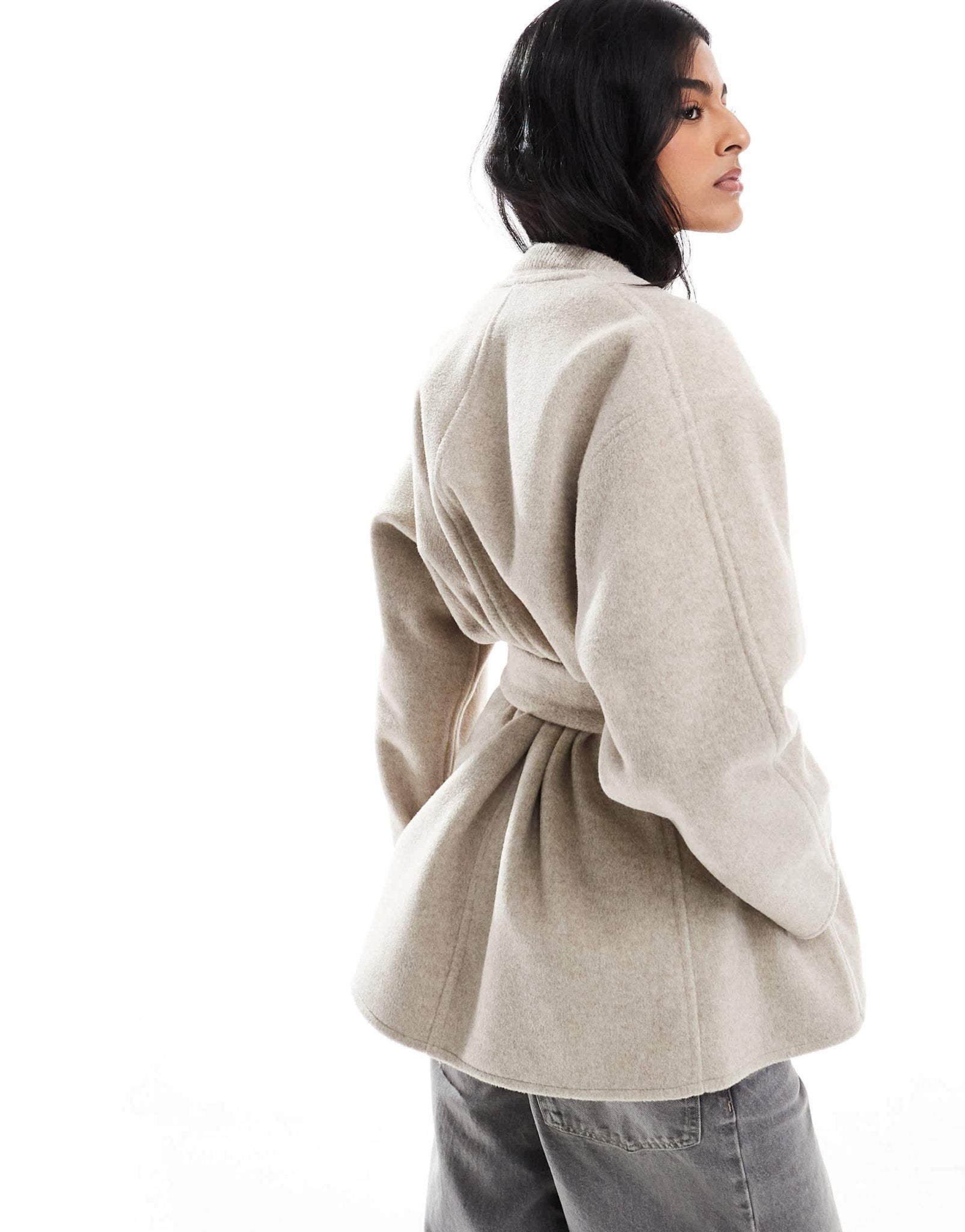 ASOS DESIGN belted collarless formal coat in oatmeal - ASOS Sample Sale EU Store