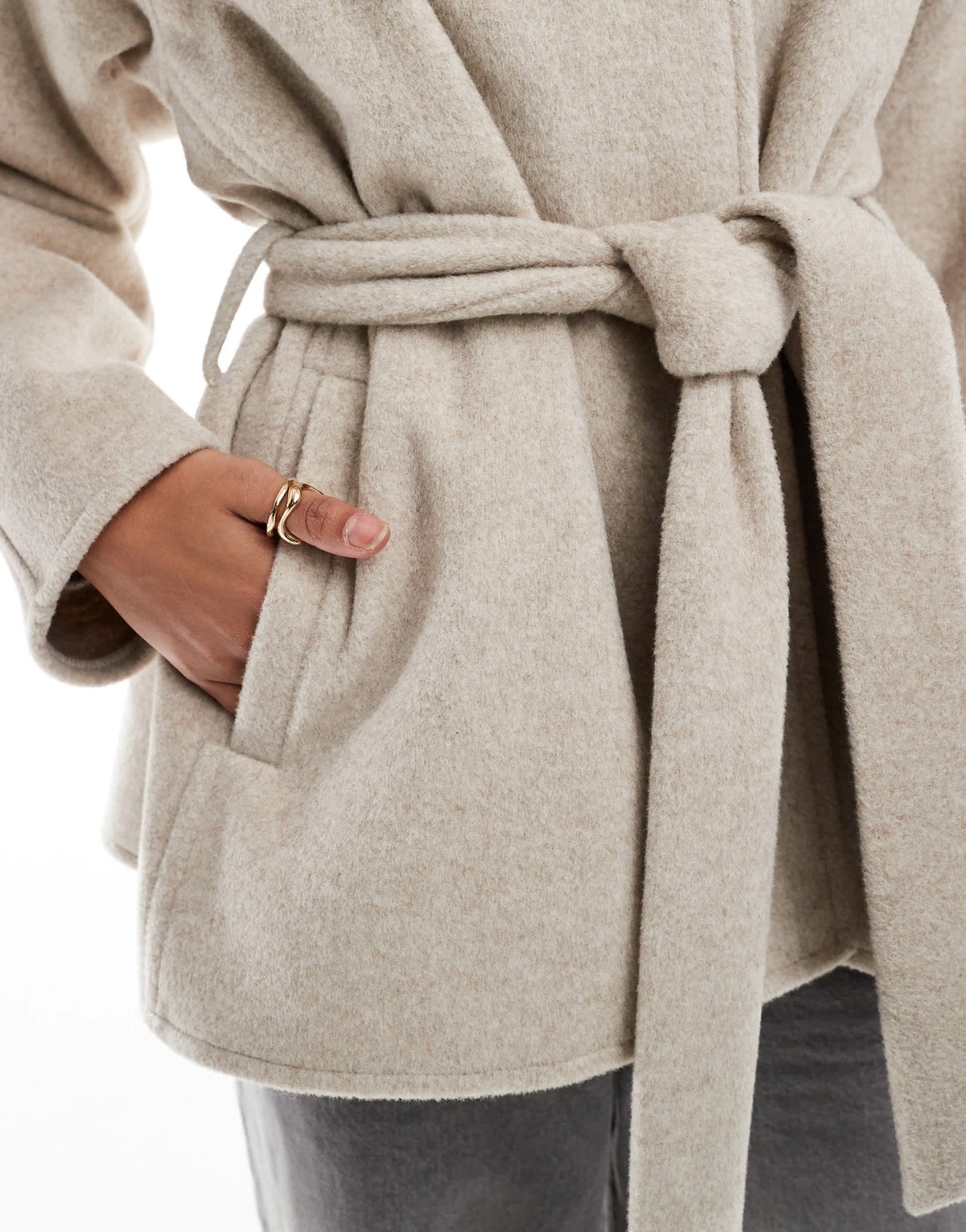 ASOS DESIGN belted collarless formal coat in oatmeal - ASOS Sample Sale EU Store