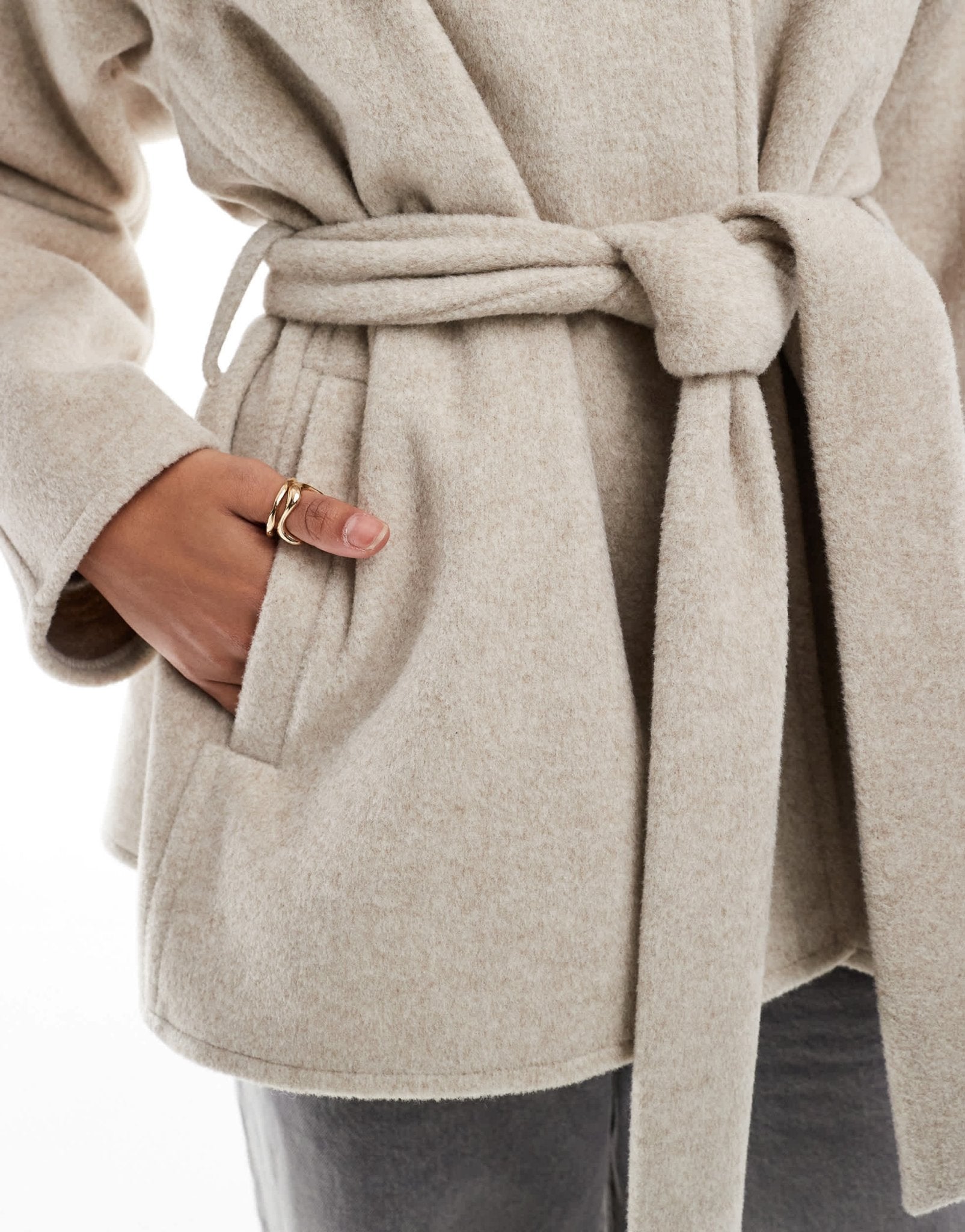 ASOS DESIGN belted collarless formal coat in oatmeal - ASOS Sample Sale EU Store