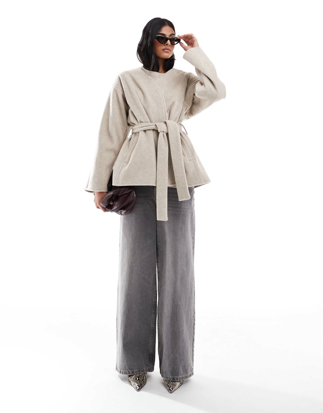 ASOS DESIGN belted collarless formal coat in oatmeal - ASOS Sample Sale EU Store