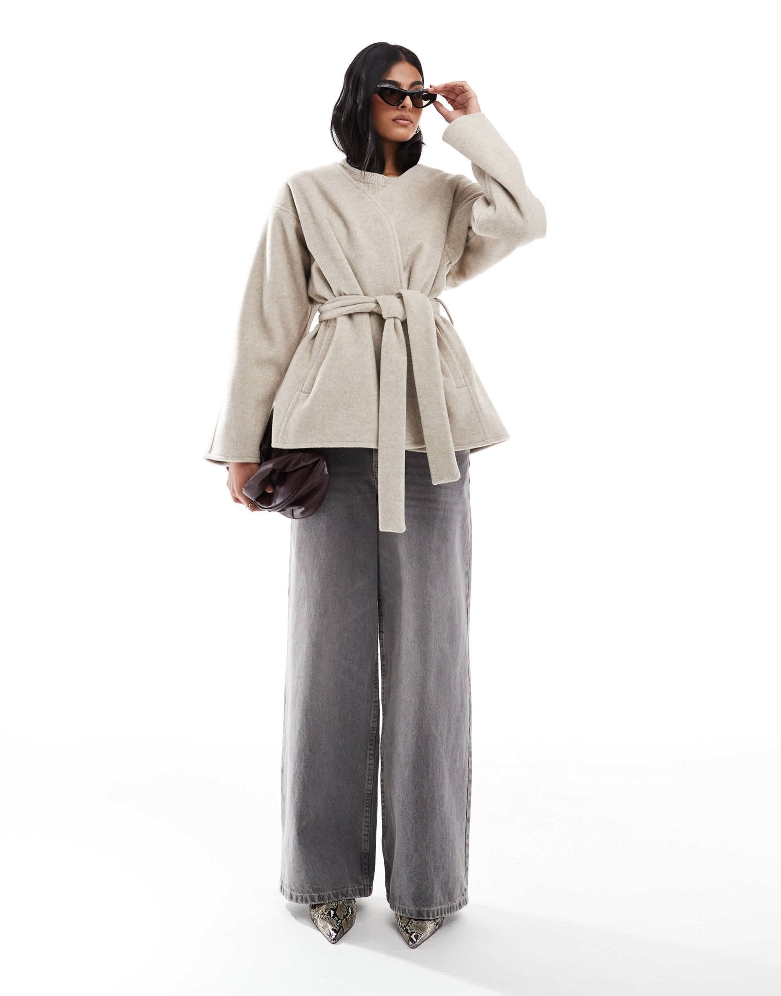 ASOS DESIGN belted collarless formal coat in oatmeal - ASOS Sample Sale EU Store