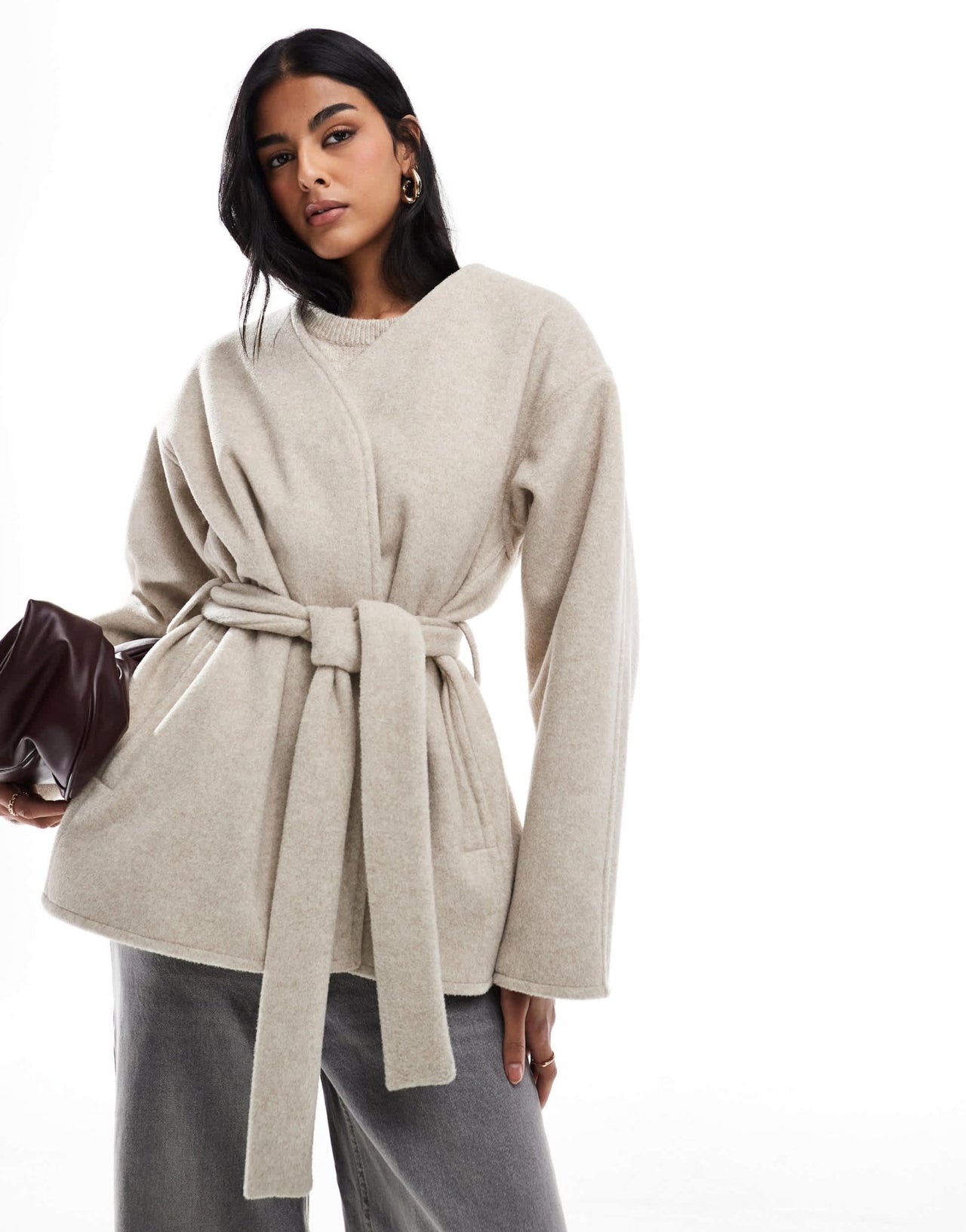 ASOS DESIGN belted collarless formal coat in oatmeal - ASOS Sample Sale EU Store