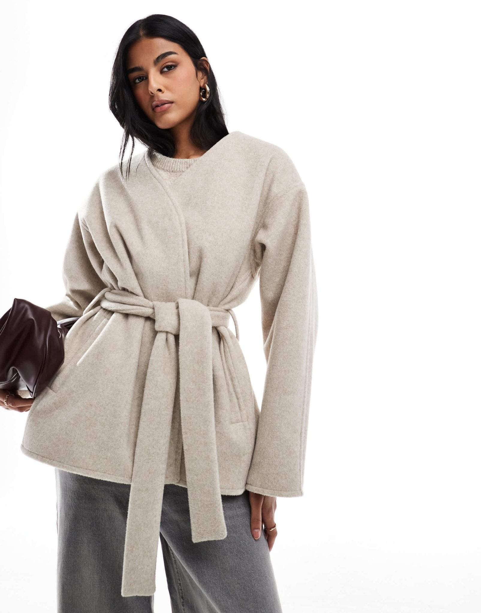 ASOS DESIGN belted collarless formal coat in oatmeal - ASOS Sample Sale EU Store