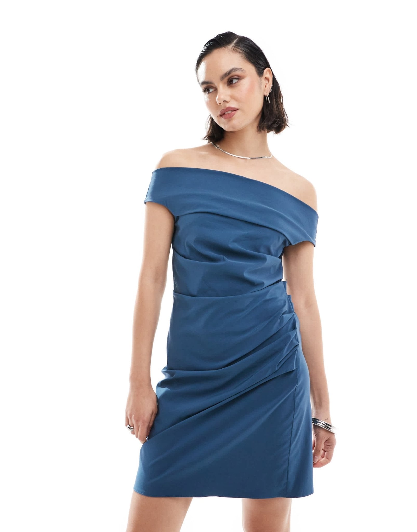 ASOS DESIGN bengaline off shoulder mini dress in denim blue - ASOS Sample Sale EU Store