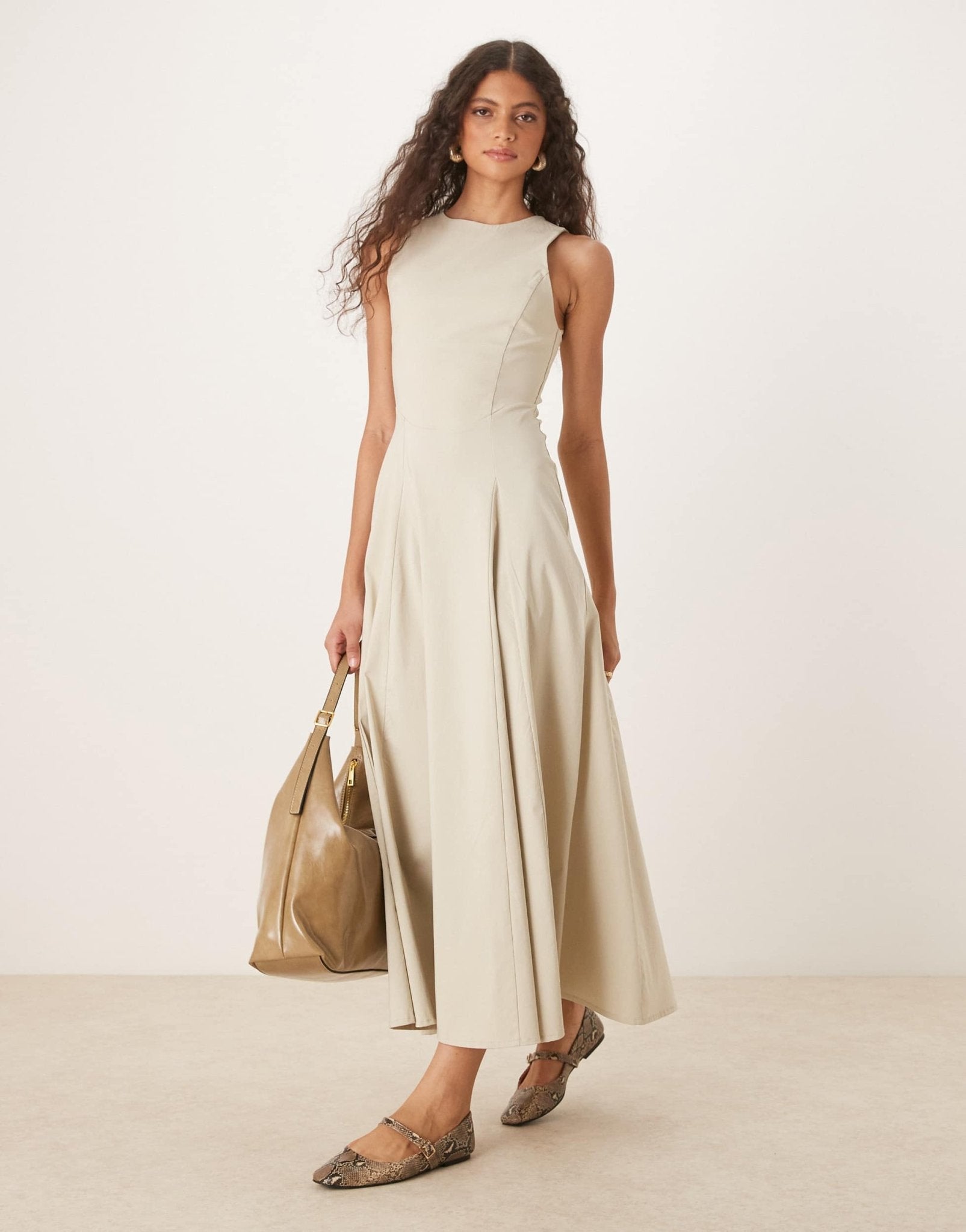 ASOS DESIGN bengaline sleeveless corset waist midi dress in stone - ASOS Sample Sale EU Store