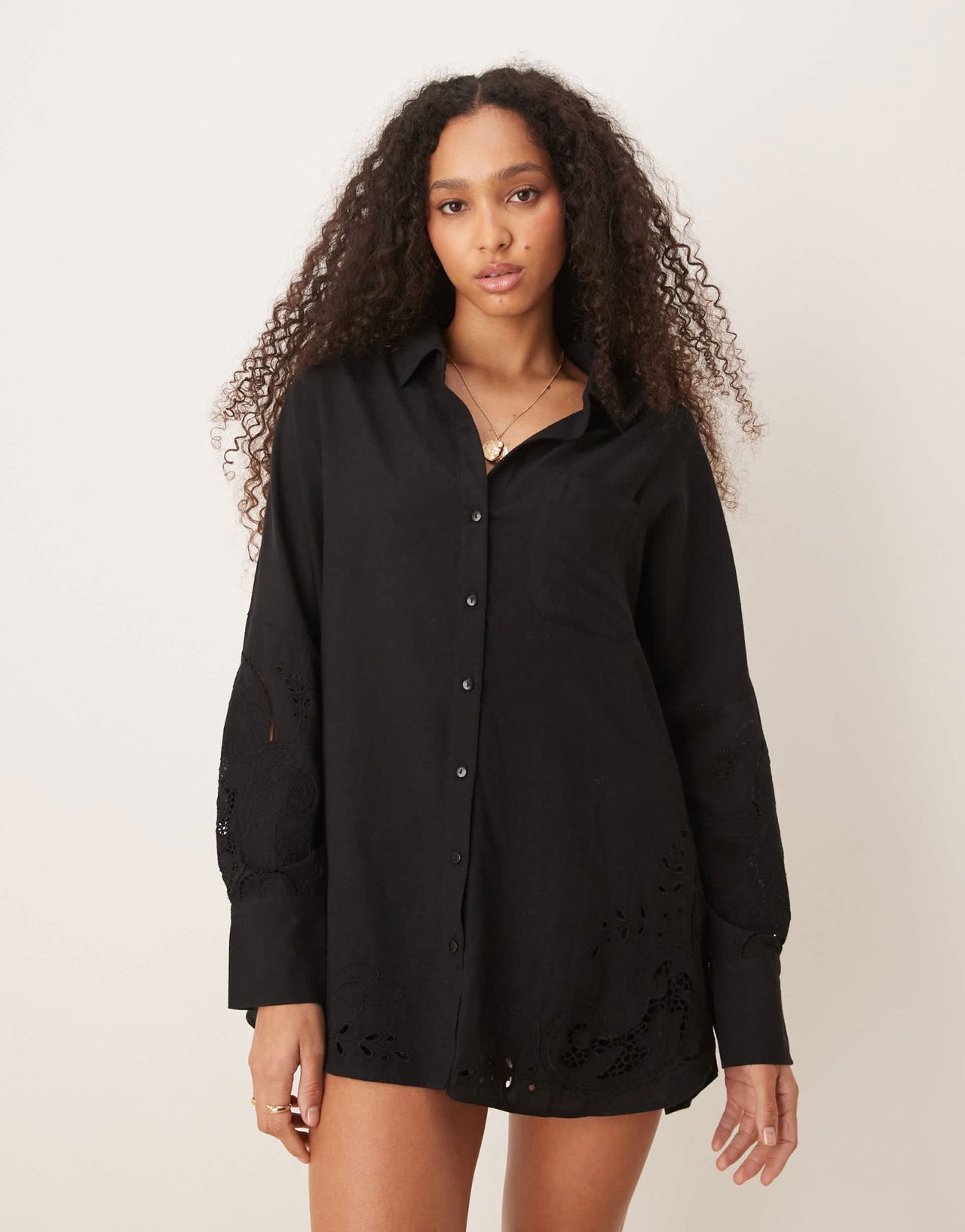 ASOS DESIGN Blake broderie oversized beach shirt cover up in black - ASOS Sample Sale EU Store