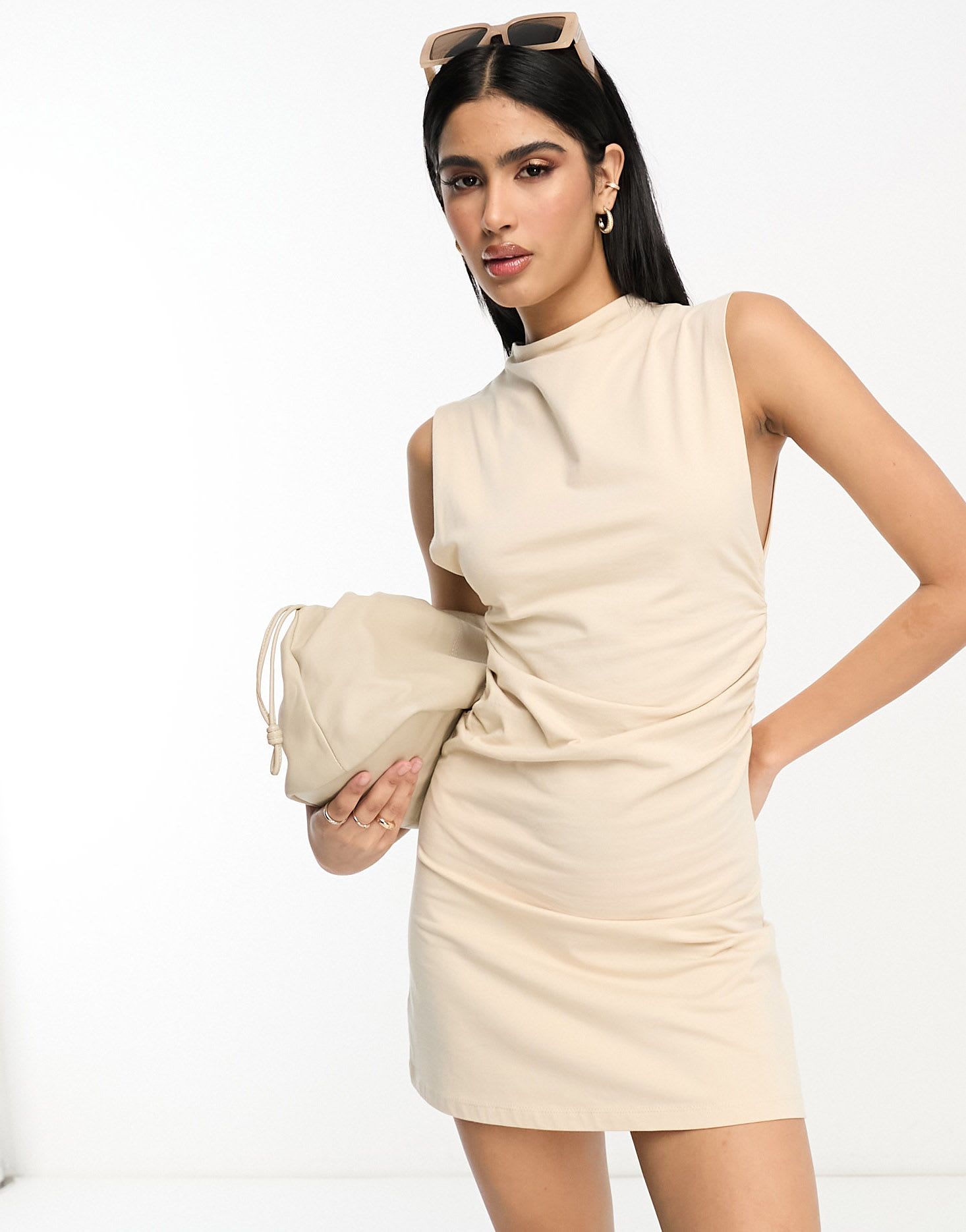 ASOS DESIGN boat neck mini dress with ruched sides in stone - ASOS Sample Sale EU Store